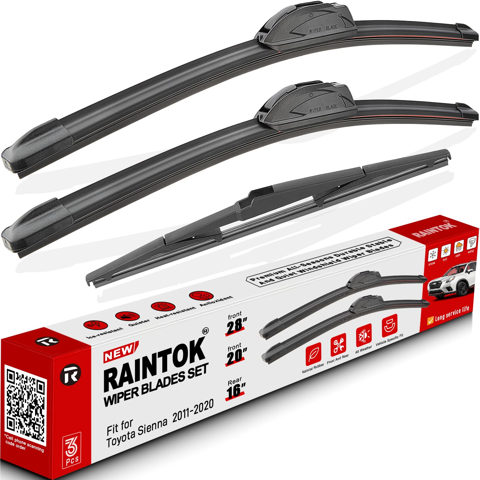 Raintok Windshield Wiper Blades Replacement For 2011-2020 Toyota Sienna Original Factory Quality Front Rear Wipers Blade Set For