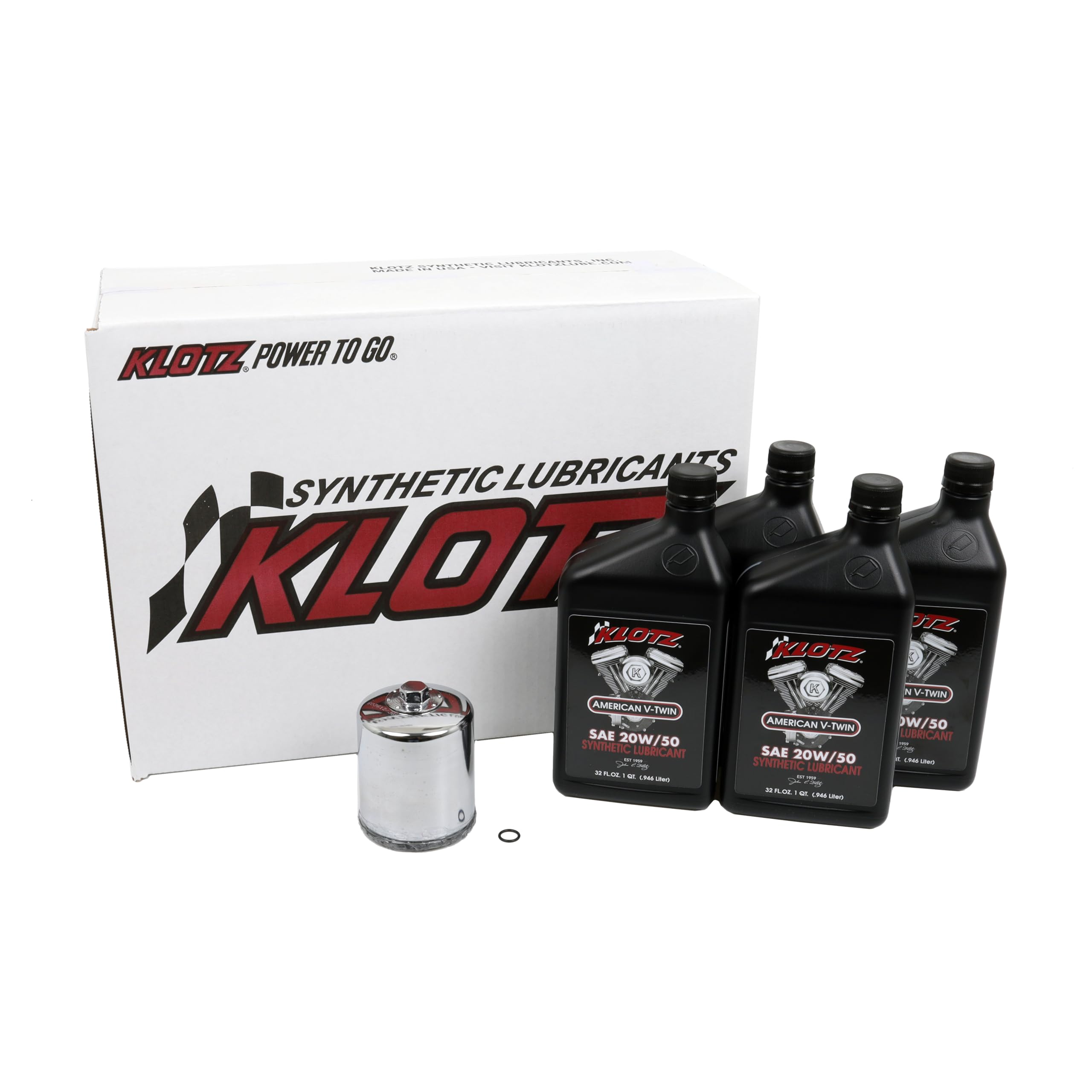 Klotz 20W/50 Synthetic Motor Oil Change Kit for Twin Cam 1999-2018 & Milwaukee-Eight 2017-2024 (4-Quart Basic Kit)