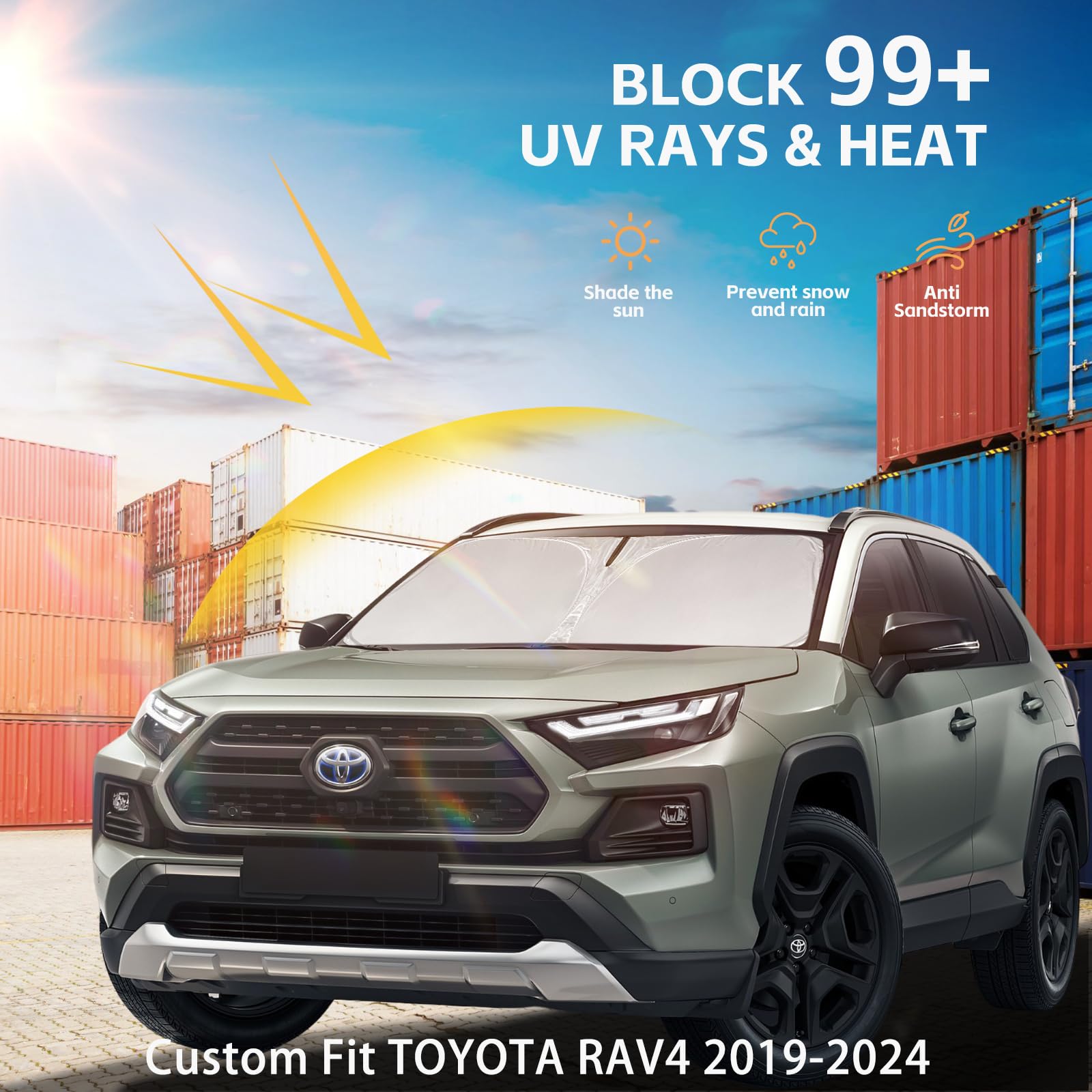 Windshield Sun Shade For Toyota Rav4 2019-2025 Double Layer 240T Front Window Shade Custom Fit Sun Visor Foldable Shade Blocks U
