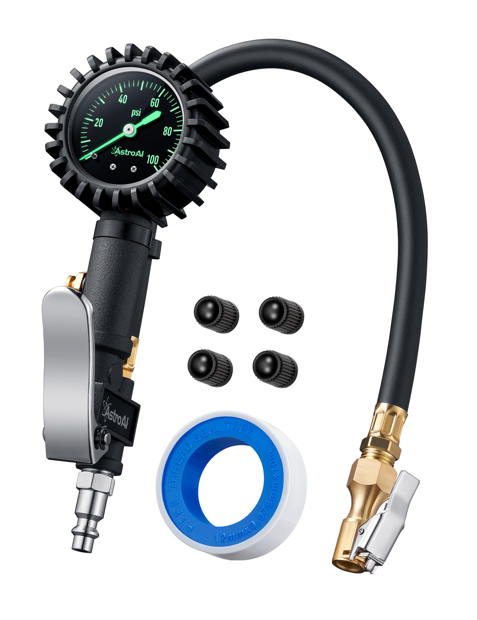 AstroAI Glow Dial Tire Inflator with Pressure Gauge 100 PSI, Heavy Duty with Large 2' Easy Read Glow Dial, Air Chuck, Quick Connect Coupler and Rubber Hose Compressor Accessories, Gifts for Men.