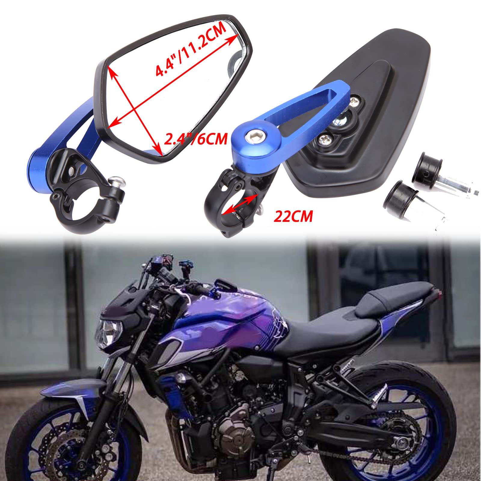 Universal Motorcycle 7/8 22 Bar End Mirrors Rear View Mirror Compatible With Honda Grom Yamaha Kawasaki Ducati Suzuki And More (Blue)