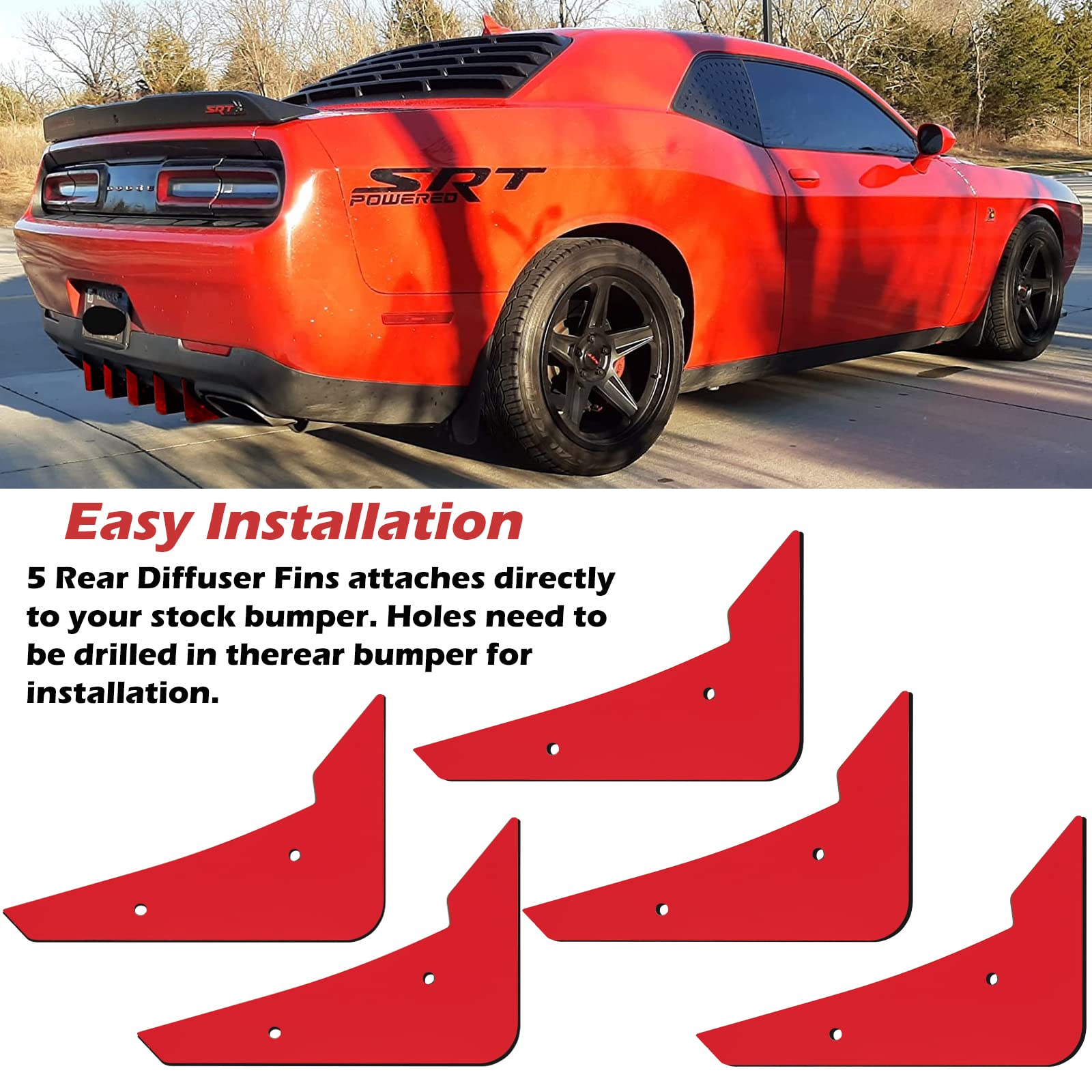 Rear Diffuser V3 5 Fins Set For Dodge Challenger 2015-2024 Stock Rear Bumper, Red Rear Bumper Diffuser Shark Fins