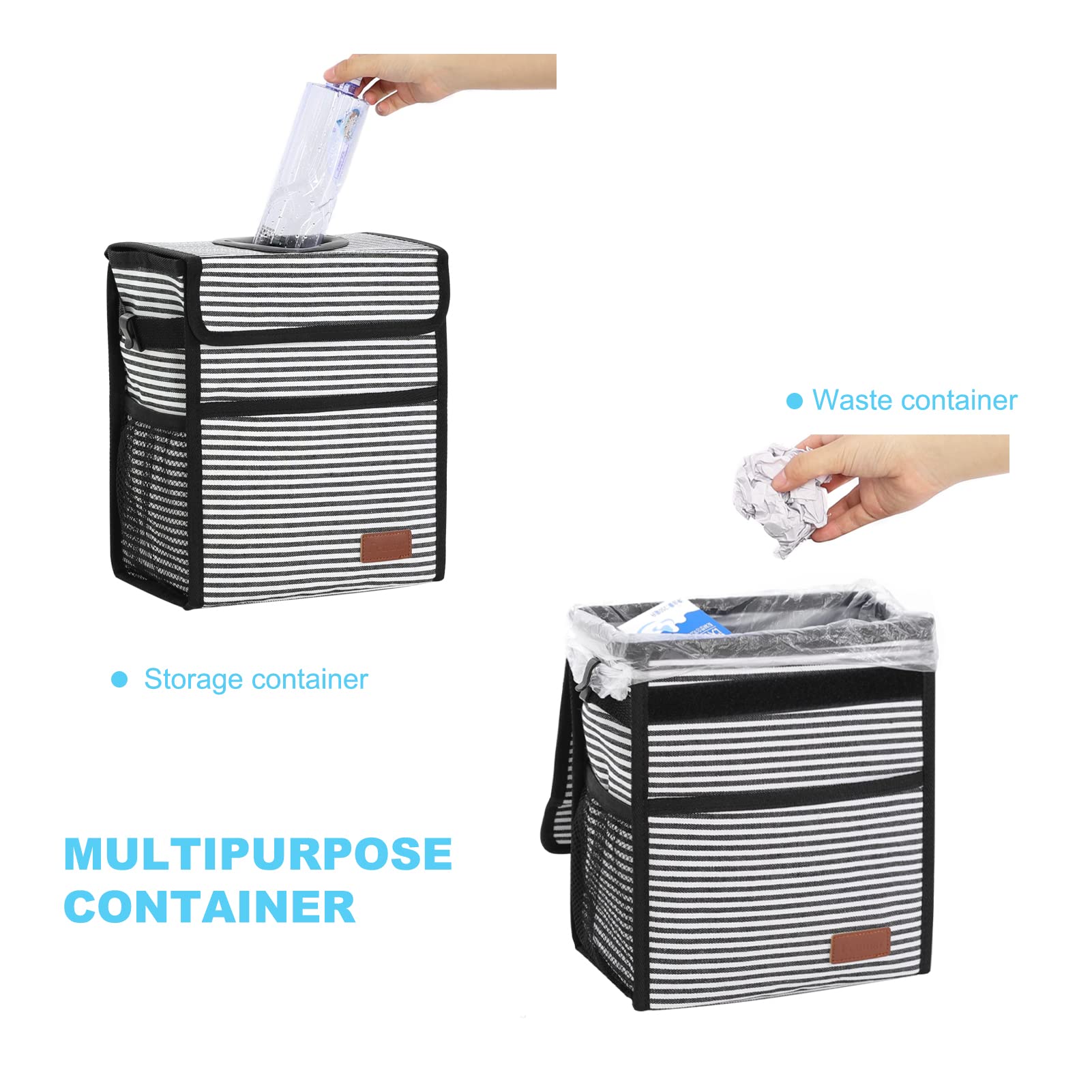Femuar Car Trash Can Leak Proof Car Trash Bag Waterproof Car Garbage Can With Lid For Suv Front Seat Multipurpose Car Hanging For Headrest Collapsible And Portable With Storage Mesh Pocket, Stripe