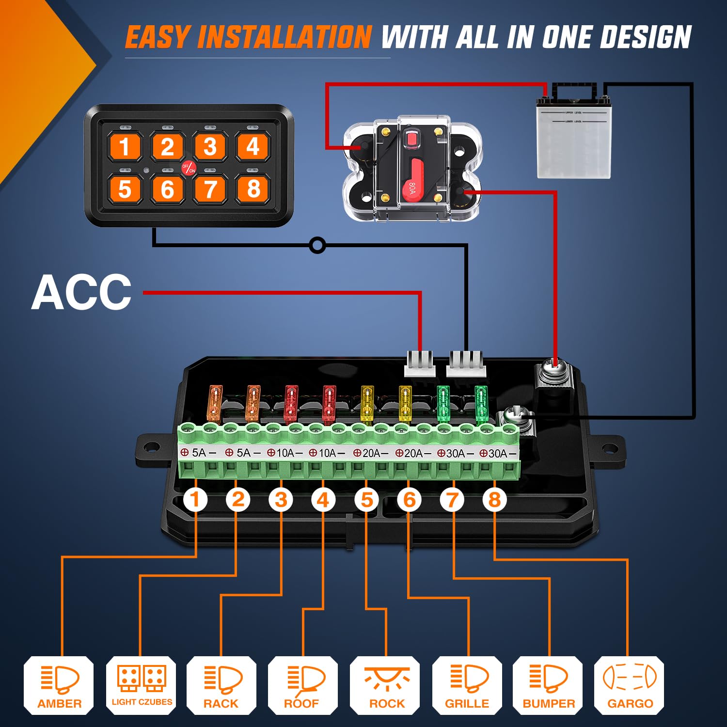 Nilight 8 Gang Switch Panel System Circuit Control Relay Fuse Wiring Harness Automatic Dimmable ON Off LED Pod for 12V Cars Truc