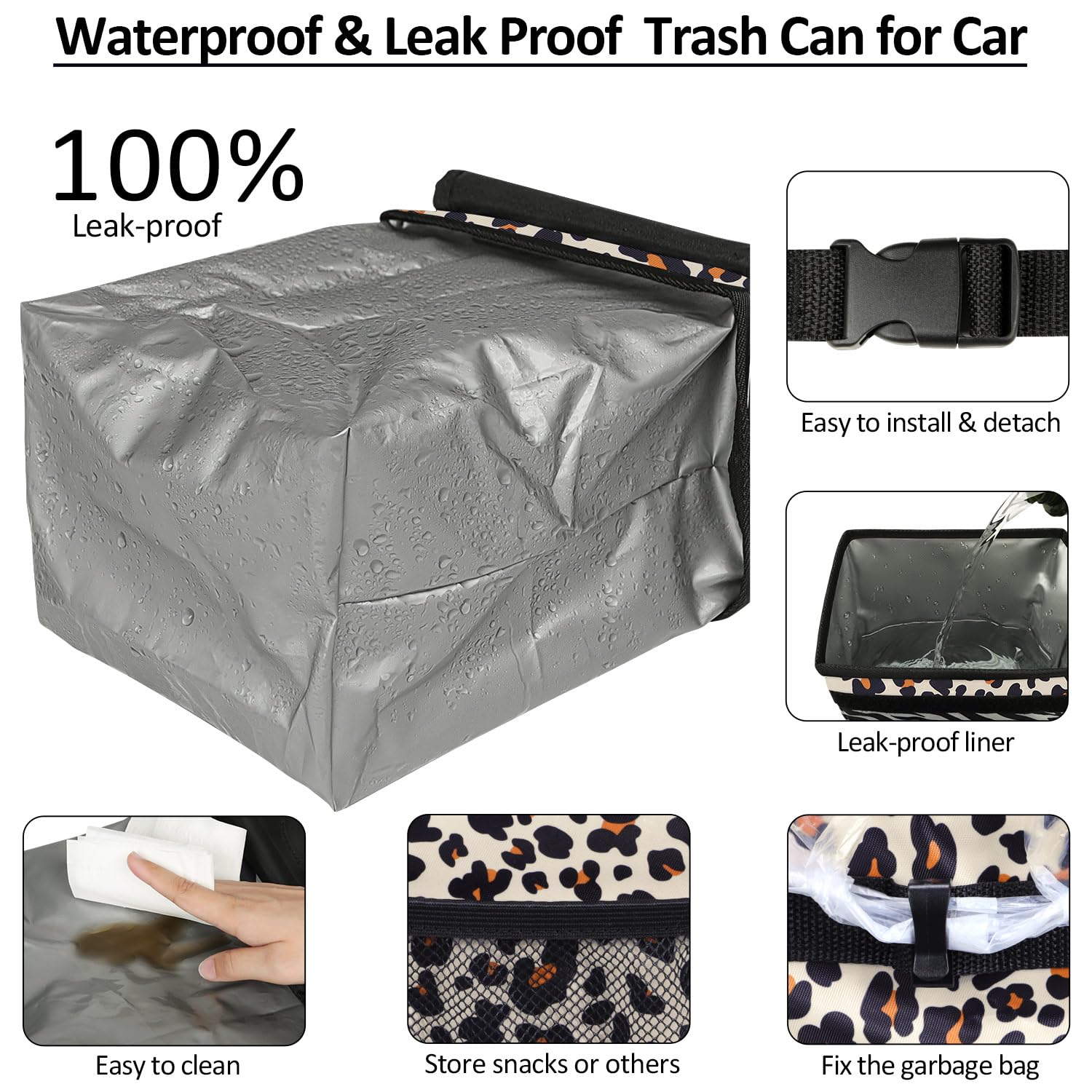 Elongriver Leopard Print Car Trash Can With Lid, Leak Proof, Suv, Truck, Van & Front/Back Seat