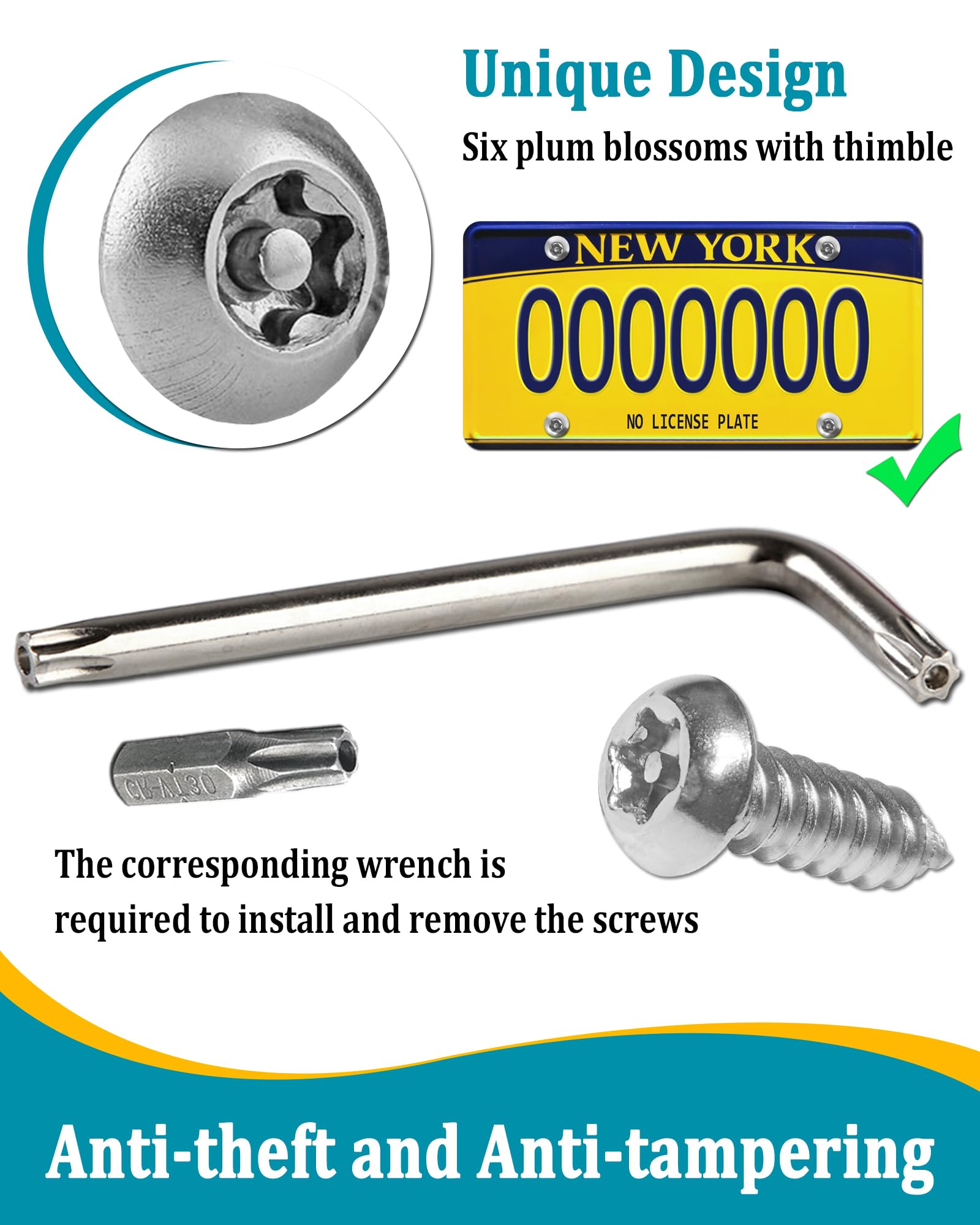 Aootf Stainless Steel License Plate Screws -30Pc Star Anti Theft Screw Torx Head Security Tamper Resistant Self Tapping License Plate Bolt License Plate Frame Fastener, Black Caps,Anti-Rattle Pad