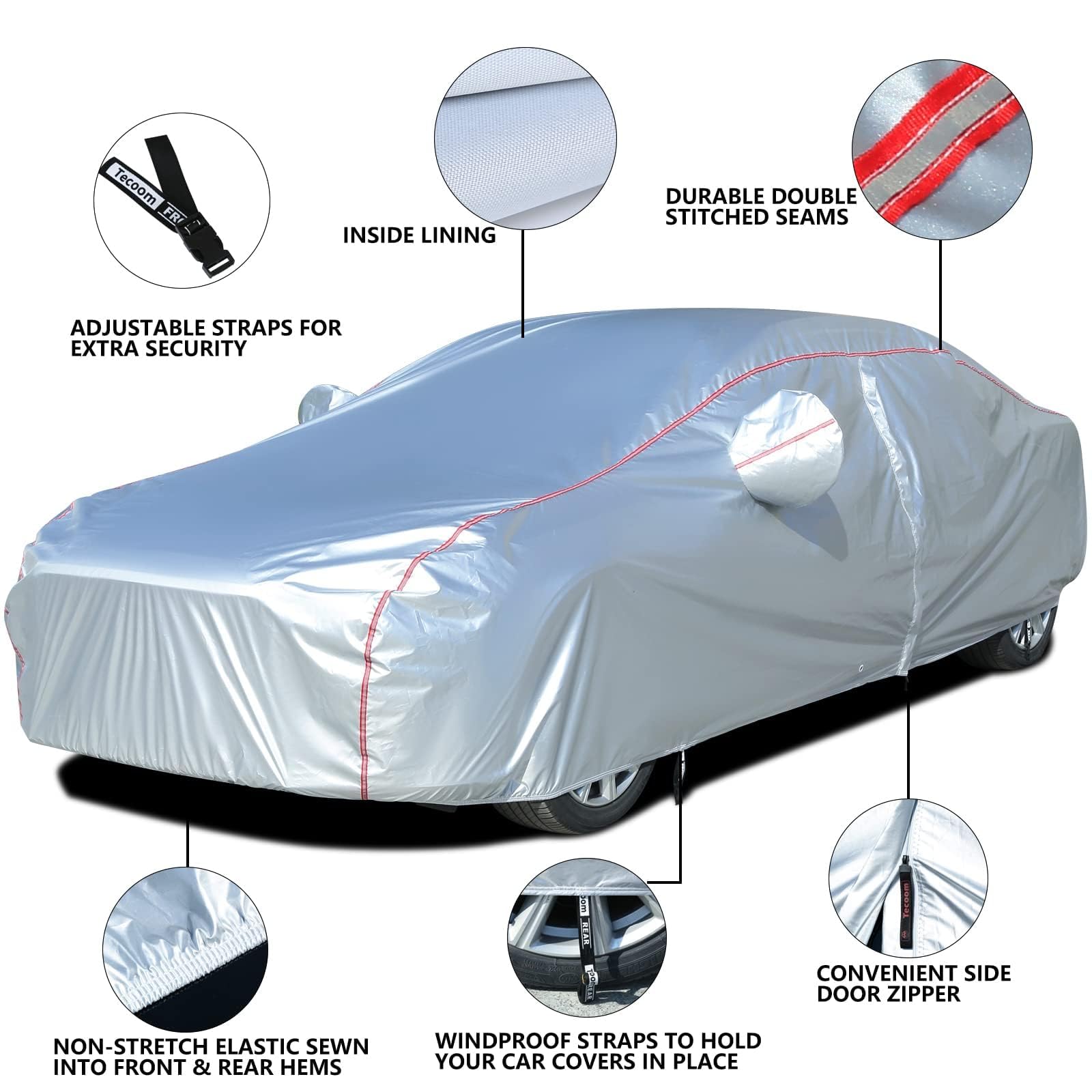 Tecoom Car Cover Waterproof All Weather Fit For Tesla Model 3 Toyota Corolla 2000-2023 Honda Civic 1991-2023, Kia Stinger/Forte,