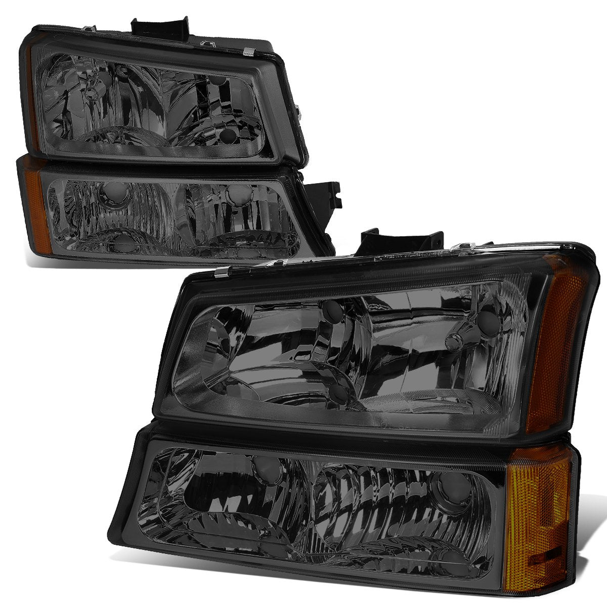 [Halogen Model] 4Pcs Oe Style Headlights Assembly With Bumper Lamps Compatible With Chevy Silverado Avalanche 03-07 (Without Factory Cladding), Driver And Passenger Side, Smoked Lens Amber Corner