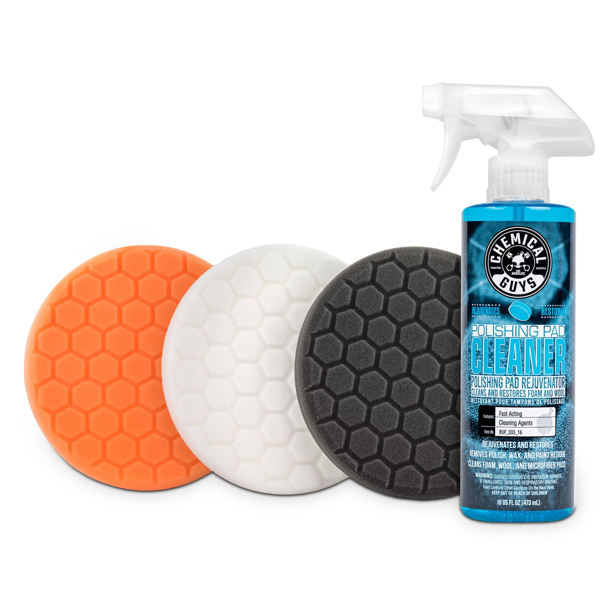 Chemical Guys Hex_3Kit_5 5.5'' Buffing Pad Sampler Kit, 4 Items, (1) 16 Oz Polishing Pad Cleaner + (3) 5.5'' Buffing Pads That W