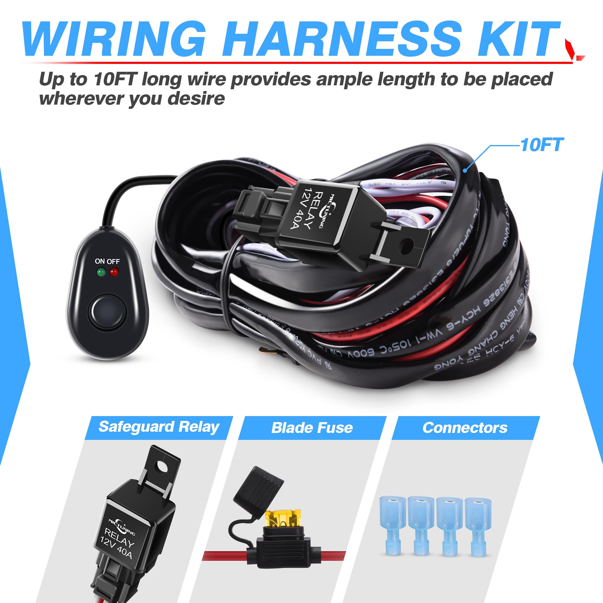 Mictuning Led Light Bar Wiring Harness Off Road Power 40A Relay Fuse On-Off Switch (2 Lead)