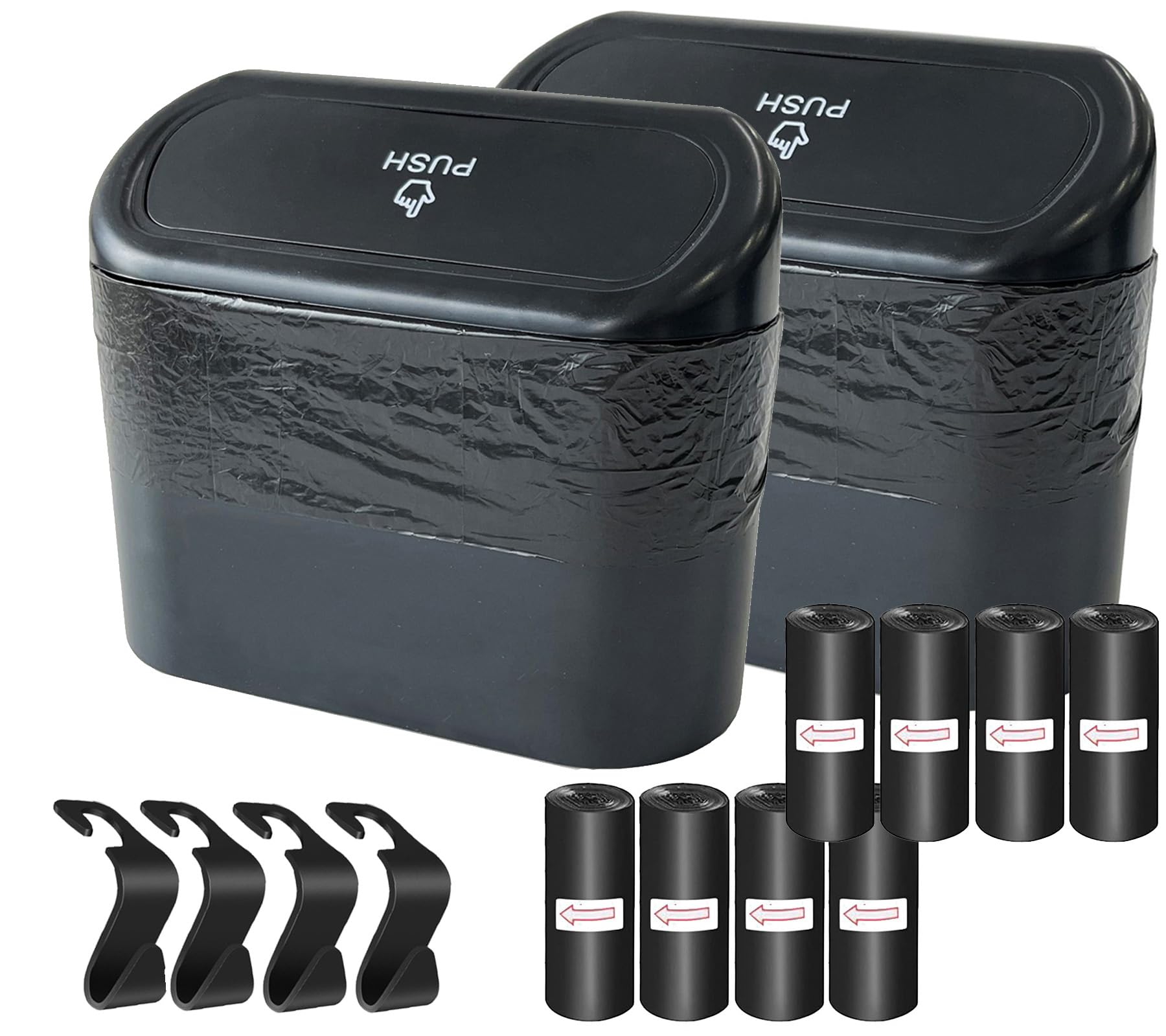 Kitbest (2 Pack Car Trash Can Bin With Lid, 120 Pcs Trash Bags And 4 Pcs Car Hooks. Mini Car Garbage Can, Dustbin Can Organizer