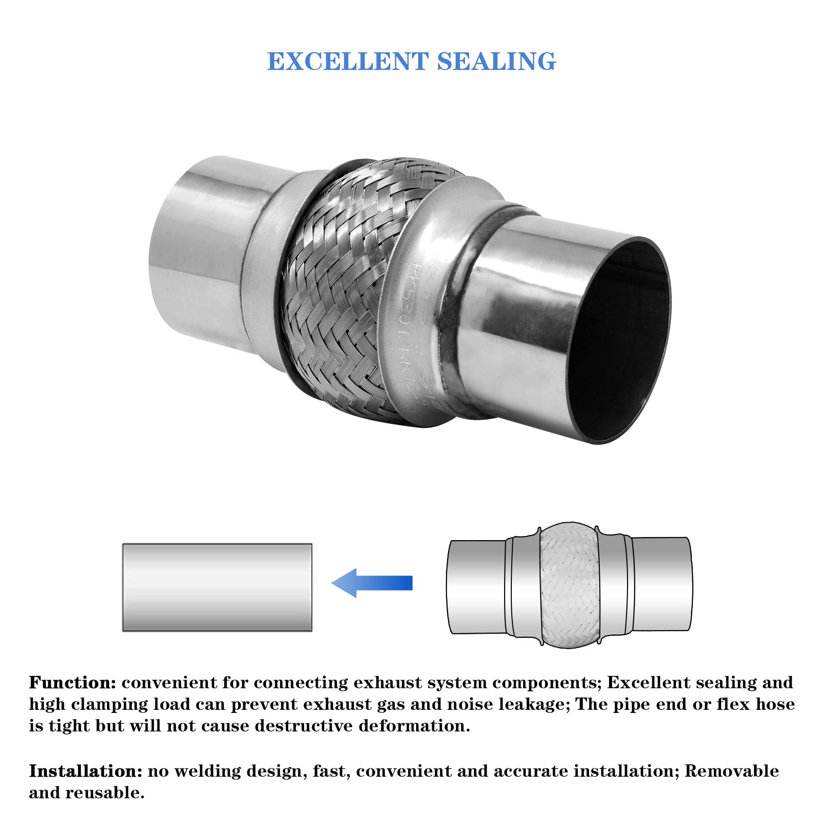 Rp Remarkable Power, Rk7544-2.5 X 4 Heavy Duty Stainless Steel Exhaust Flex Pipe 8 Ol