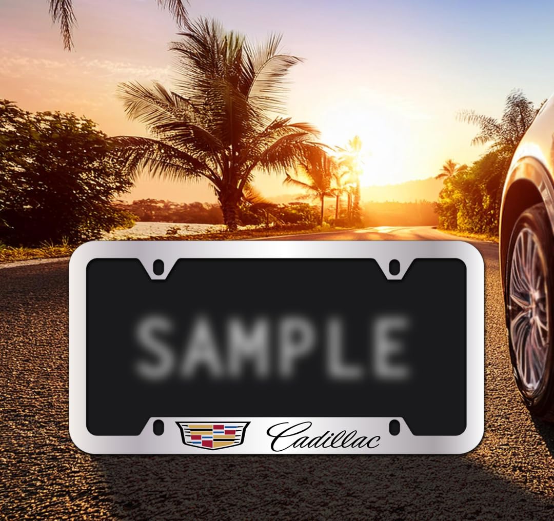 License Frame Inc. Cadillac With Crest Brass License Plate Frame With Chrome Finish (4 Hole)