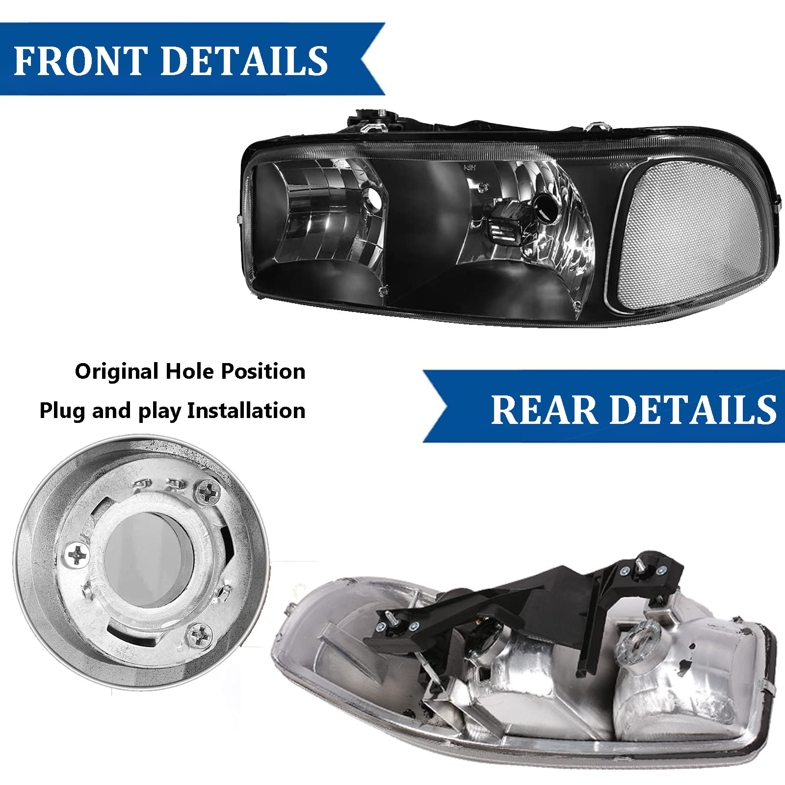 Apsve Headlight Assembly For 99-07 Gmc Sierra 1500, 99-04 Sierra 2500, 01-07 Sierra 1500Hd 2500Hd 3500Hd, 99-06 Yukon, 00-06 Yukon Xl 1500 2500 Headlights W/Bumper Signal Lamps, Black