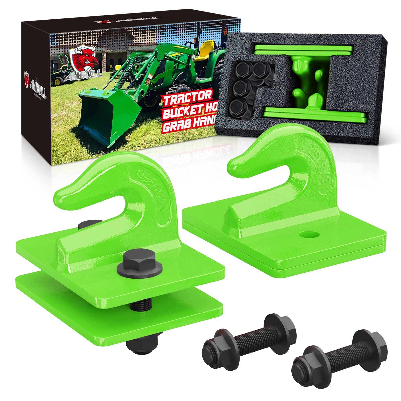 Ambull 2 Pack 3/8'' Tractor Bucket Grab Hook Grade 70 Forged Steel Bolt On Grab Hook Towhook Mount With Backer Plate, Work Well