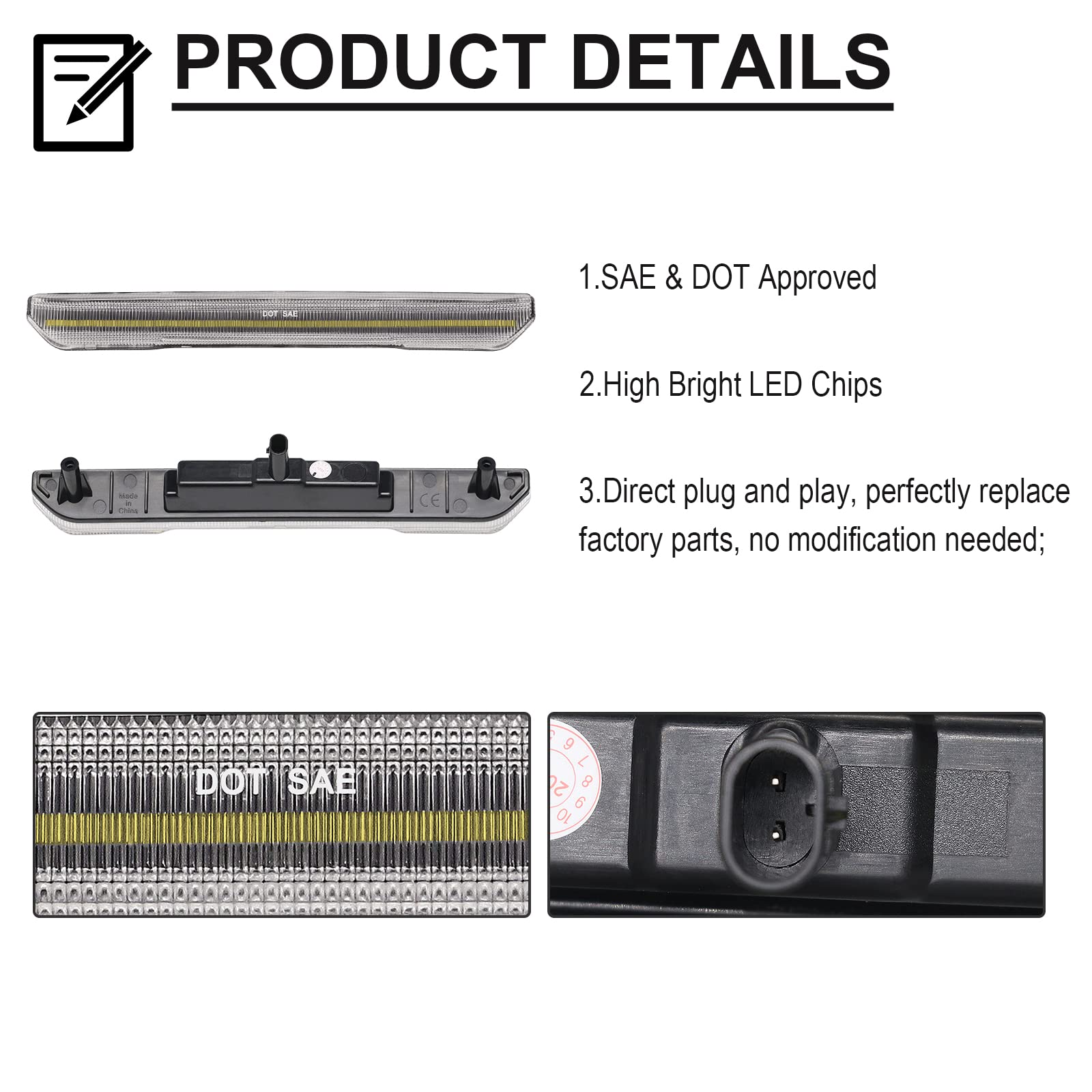 Mynoway White Led Side Marker Lamp Replacement For Sierra 2500Hd 3500Hd 2020-2024, 4Pcs Clear Lens Fender Marker Parking Lights