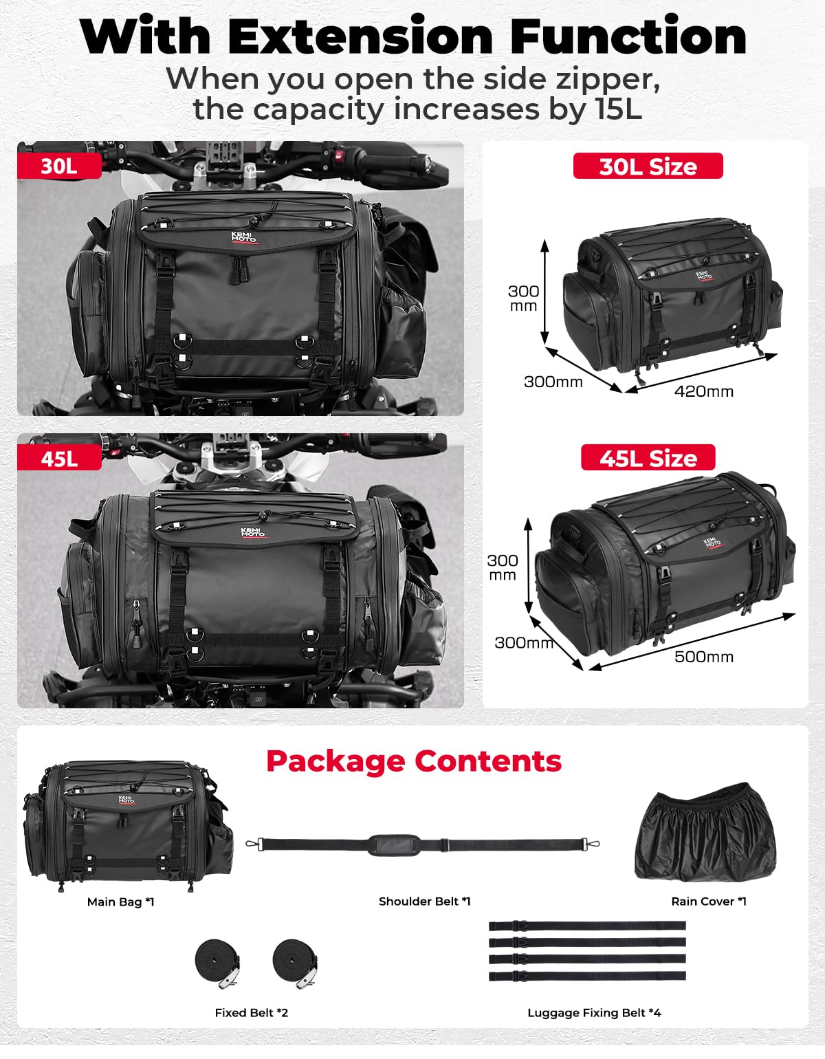 KEMIMOTO Motorcycle Tail Bag, Dual Use Motorcycle Rear Seat Bag with Waterproof Rain Cover, 45L Expandable Motorbike Helmet Bag