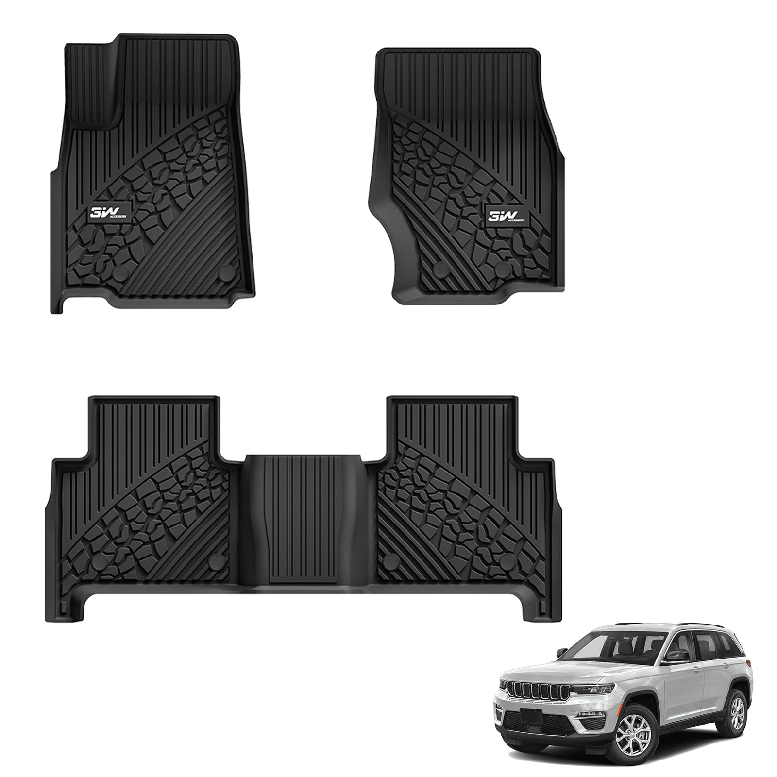 3W Floor Mats Fit For 2022-2025 Jeep Grand Cherokee (Non L Or Wk) Tpe All Weather Custom Fit Floor Liner 1St And 2Nd Row Full Se