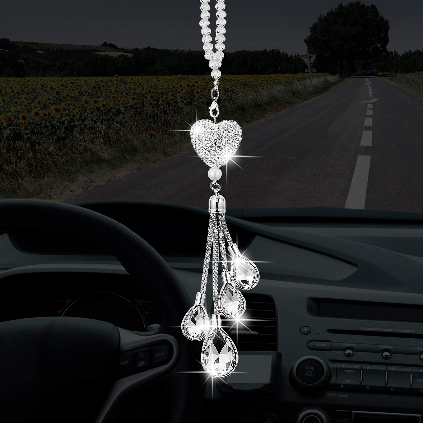 Frienda Bling Heart Diamond Car Accessories For Women, Crystal Car Rear View Mirror Charms Car Decoration Valentine'S Day Gifts 