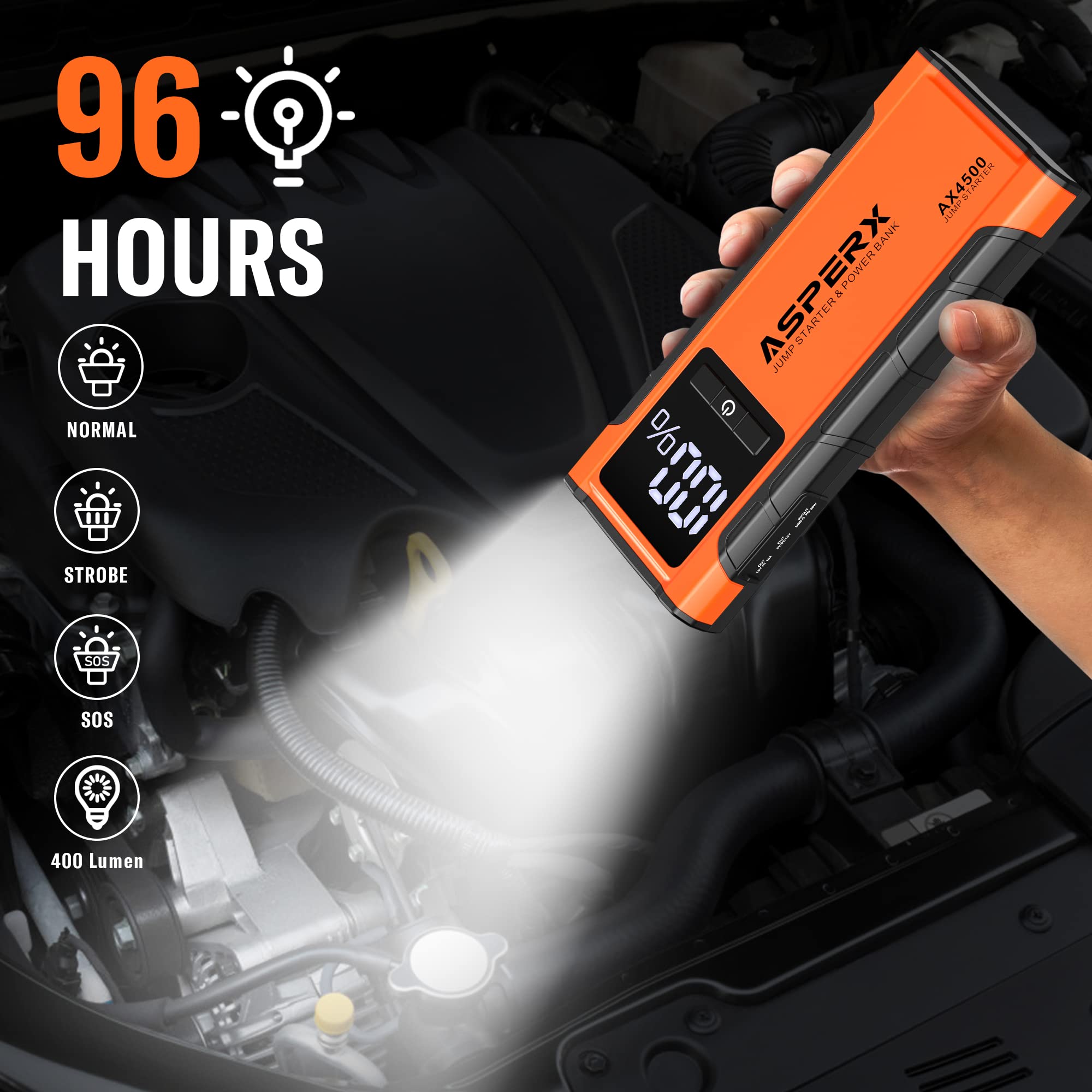 Asperx Ax4500 Jump Starter,4500A Peak Car Starter For Up To All Gas And 10.0L Diesel Engines,12V Battery Starter With 4 Inch Lcd