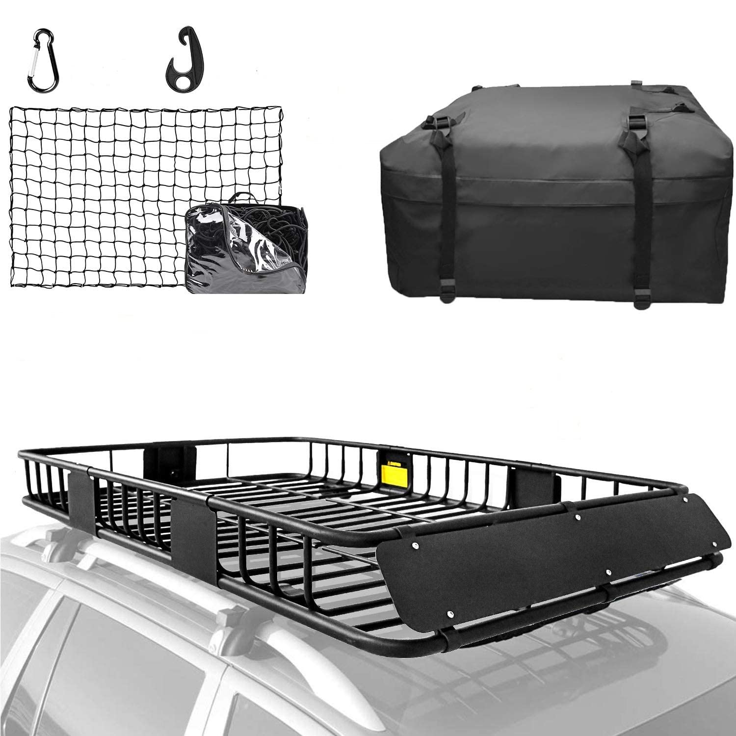 Xcar 64''X 39''X 4'' Universal Roof Rack Basket Black With 3' X 4' Cargo Net And Rooftop Cargo Carrier Bag 15 Cubic Ft - Car Top