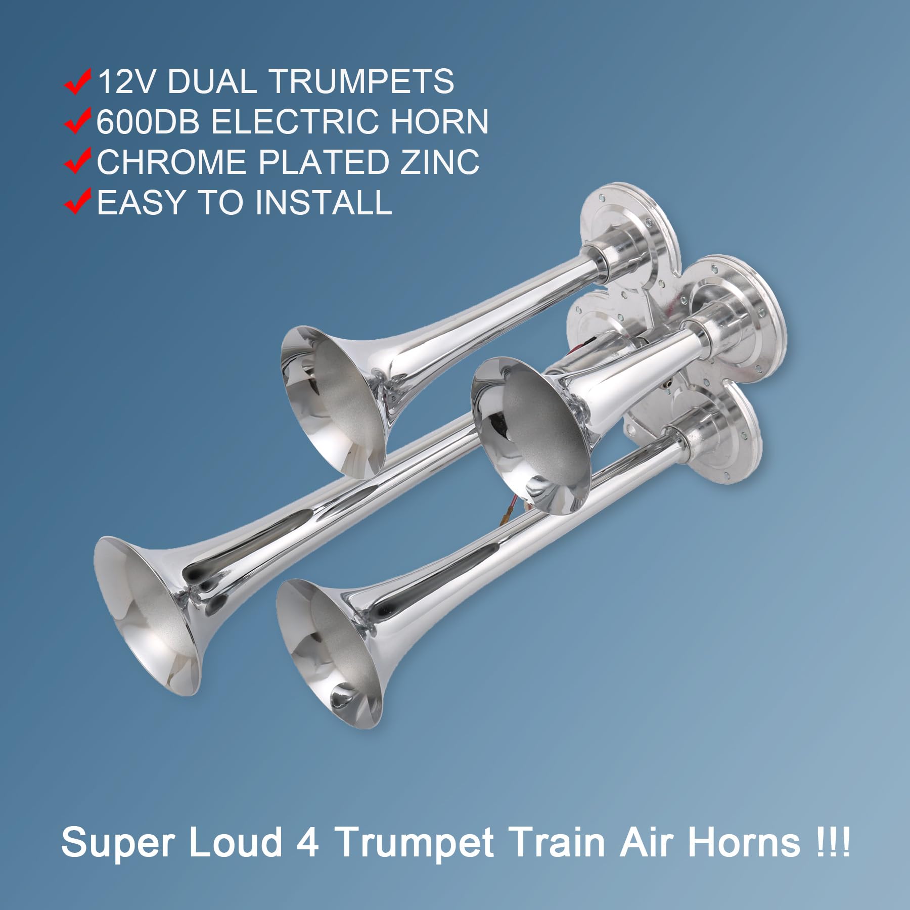 4 Trumpet Train Air Horn with 12V Electric Solenoid Universal 12 Volt Horns Loud 4 speakers ultra loud dB suitable for trucks SU