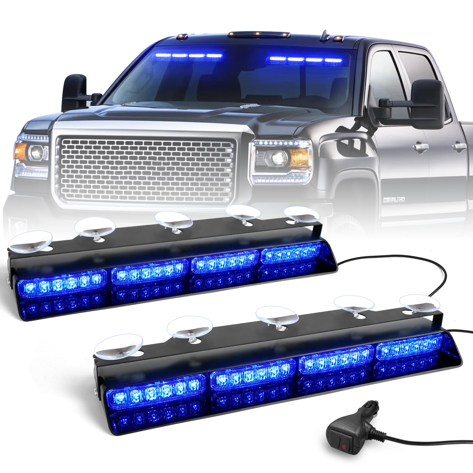 Hlauto 6Z4J Emergency Dash Strobe Lights: 2X16.8 Inch Blue Safety Lights, 48 Led Flashing Warning Hazard Interior Windshield Vis
