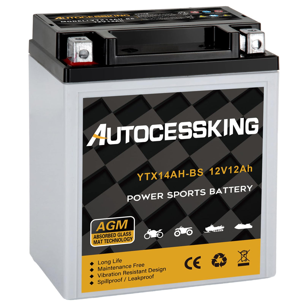 Autocessking Ytx14Ah-Bs 12V 12Ah Battery, Rechargeable Sealed Agm Battery Maintenance Free Powersport Replacement Battery For Mo