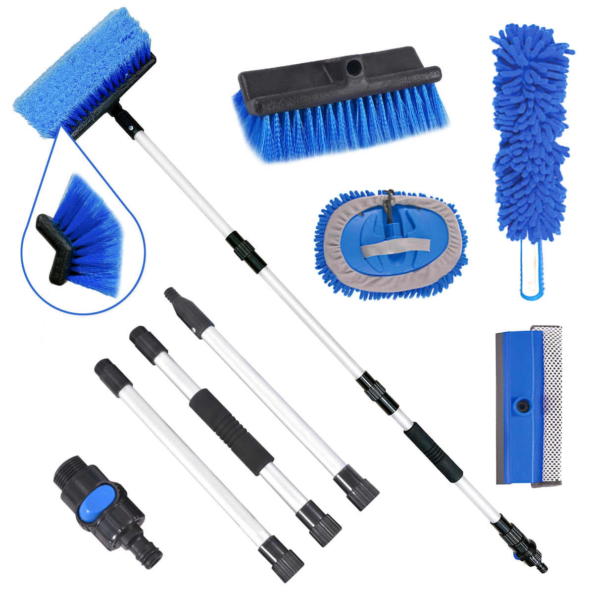 54'' Car Wash Brush With Long Handle, Scratch-Free Flow-Thru Soft Bristle Car Washing Brush Kit, On/Off Switch With Car Wash Mop