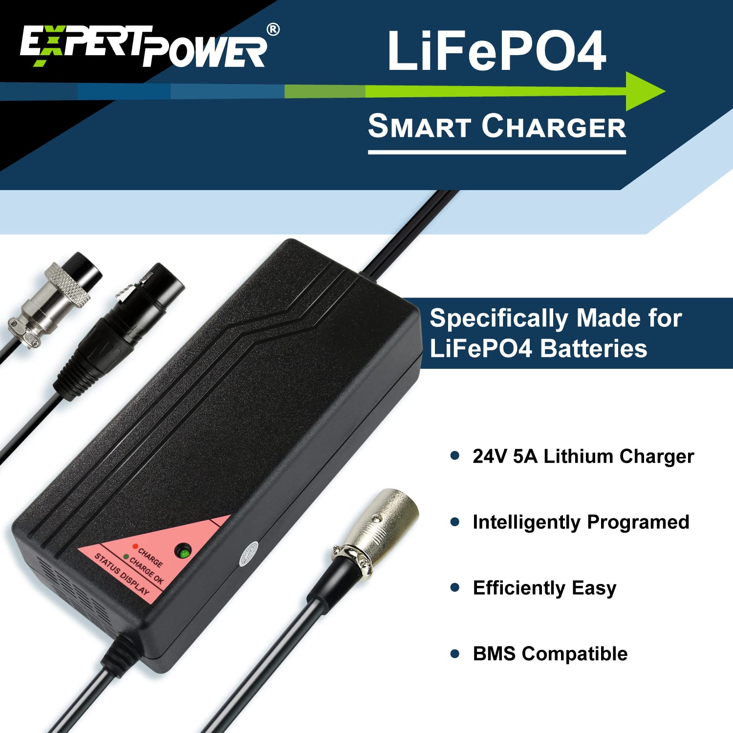 Expertpower 24V 5A Smart Electric Scooter Charger For Lithium Lifepo4 Rechargeable Batteries | Xlr Male/Inline Female | Go-Go El