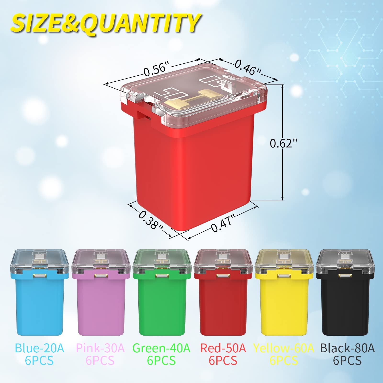 Joinfworld 36Pcs Jcase Fuse Assortment Kit Automotive Low Profile Box Shaped Micro Cartridge Fuses(20A, 30A, 40A, 50A, 60A, 80A) For Ford Chevy/Gm Nissan And Toyota Pickup Trucks Cars Suvs