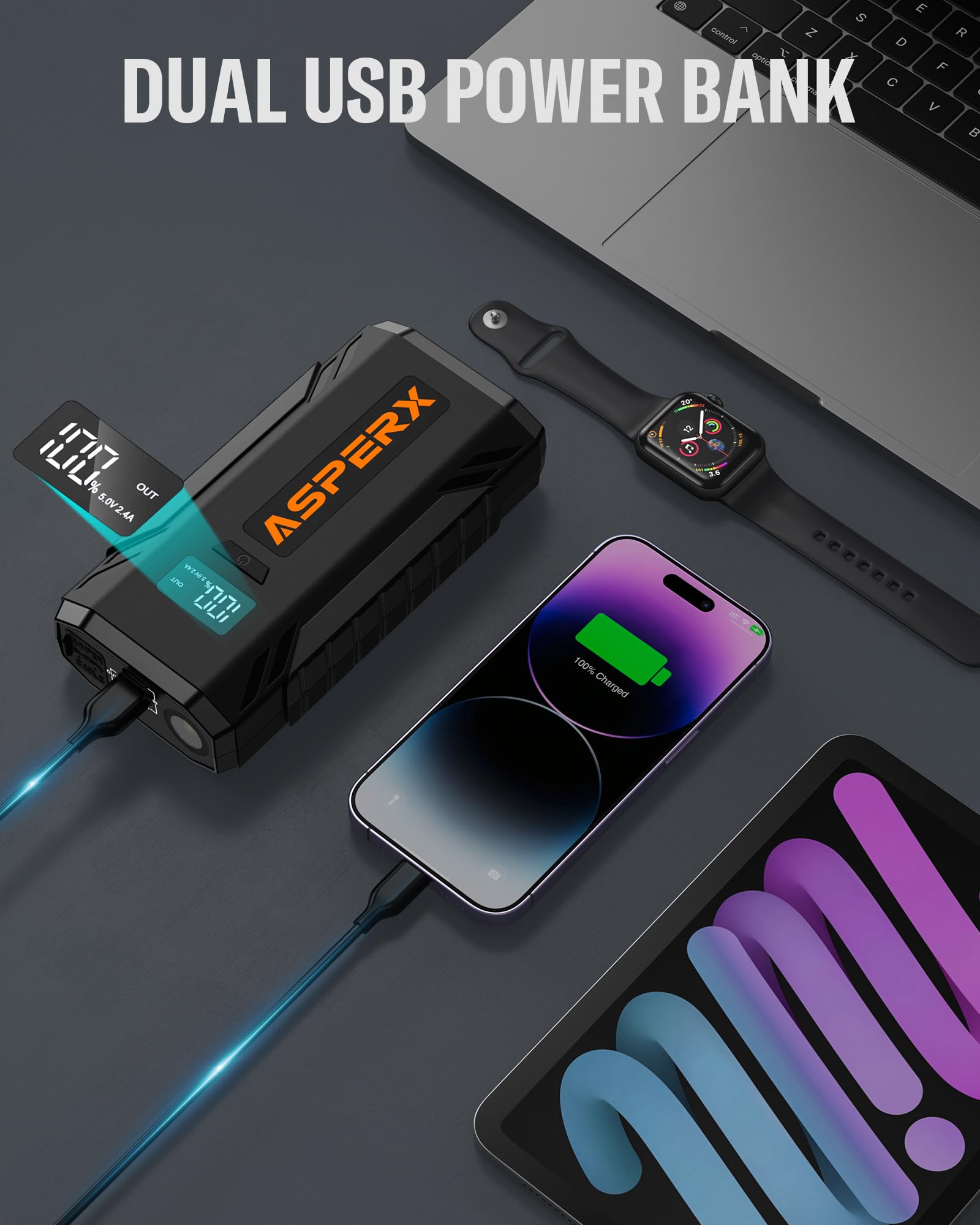 Asperx Jump Starter, 2000A Peak Car Battery Jump Starter For Up To 8.0L Gas Or 6.5L Diesel Engine, 12V Portable Car Battery Boos