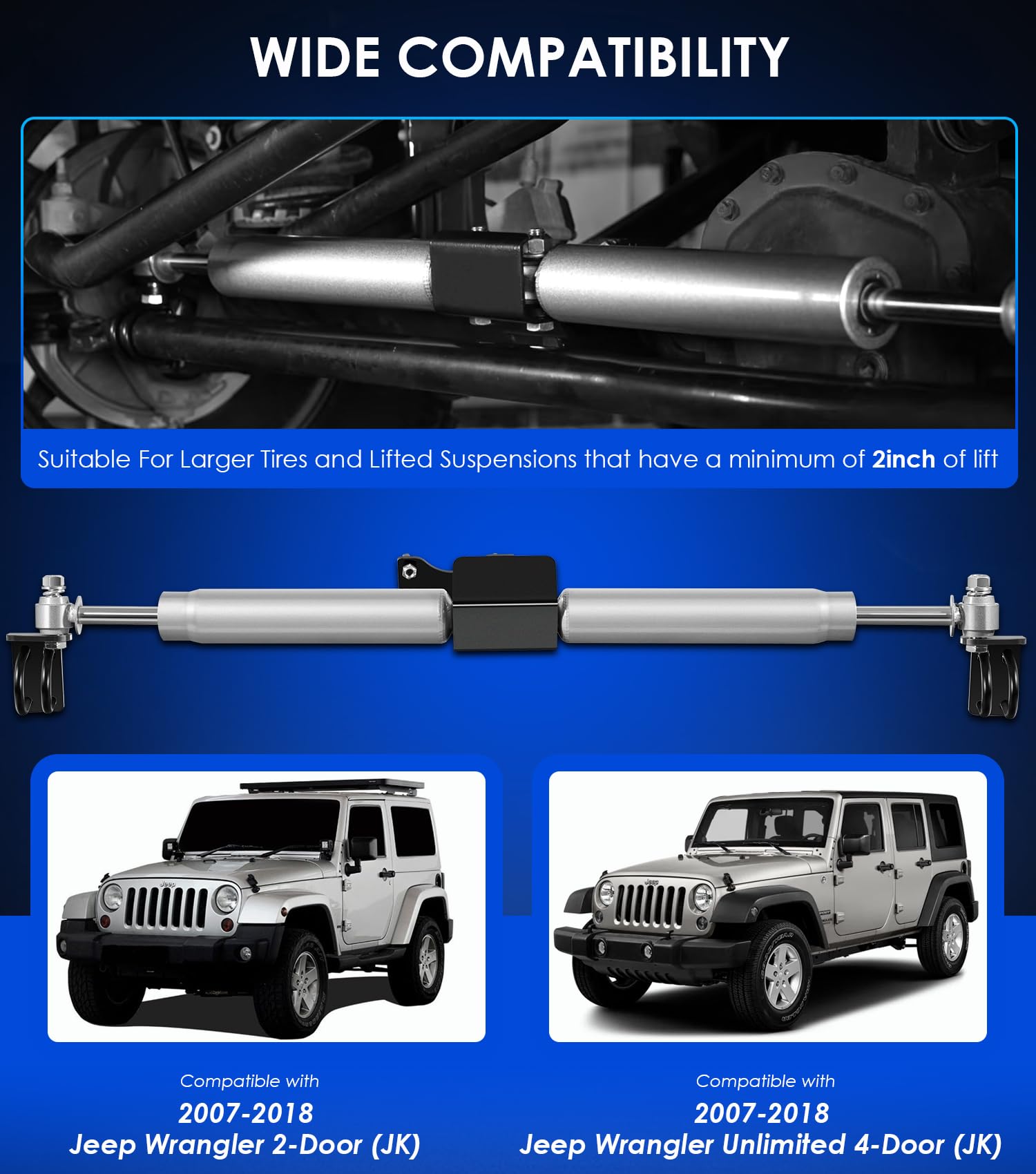 For Jeep Wrangler JK Dual Steering Stabilizer, N3 Dual Steering Stabilizer Kit for Jeep Wrangler JK 2007-2018 with 2'' of Lift o