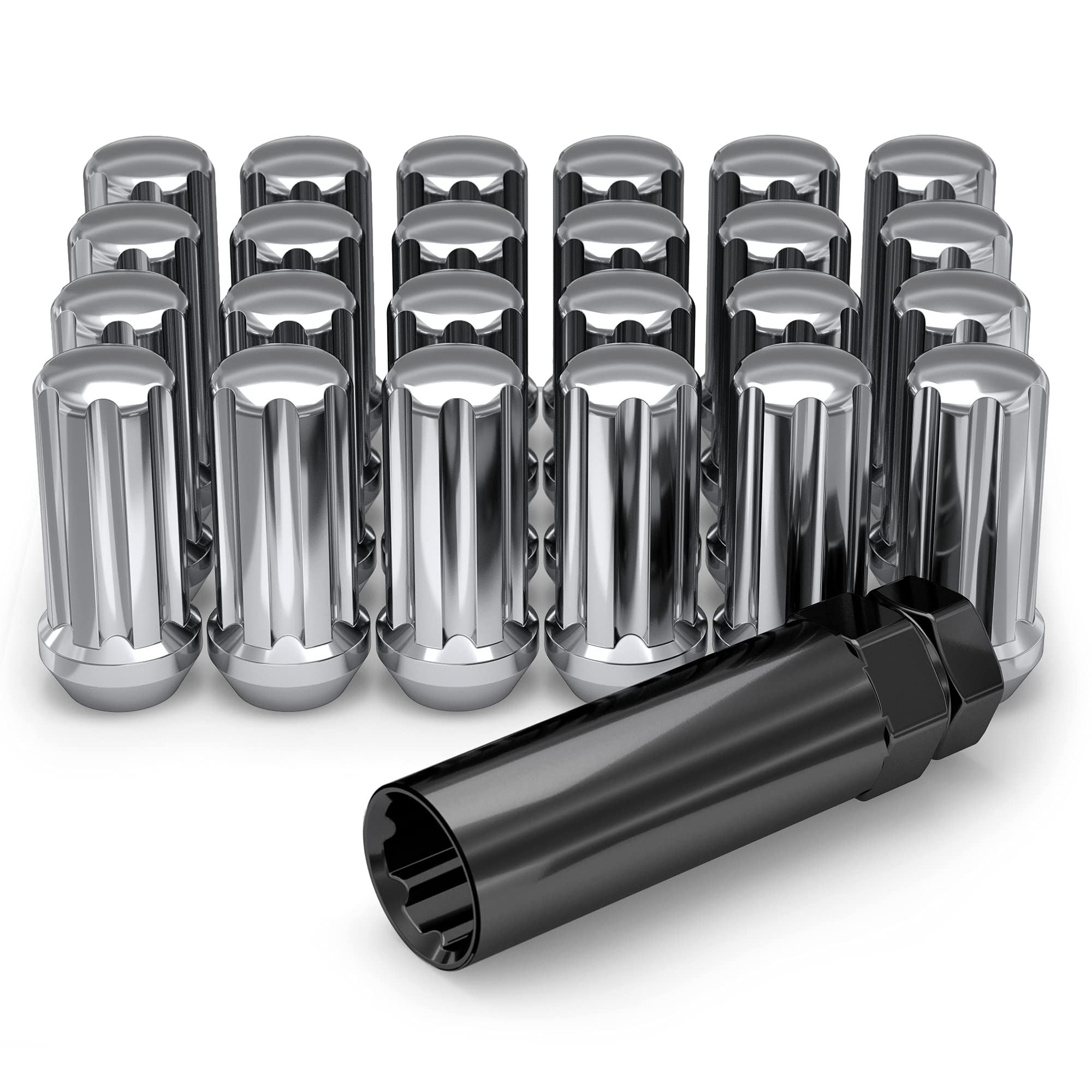White Knight M14x1.50 Duplex 7 Spline Lug Nuts with Key (for Aftermarket Wheels), EZ Installation, Durable Carbon Steel with Sty
