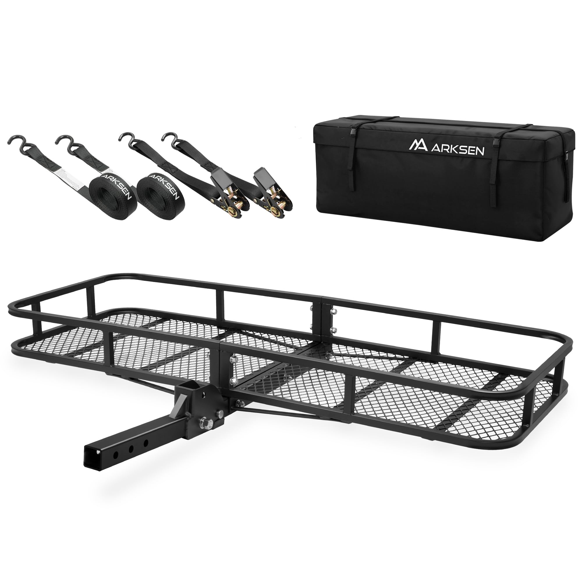 Arksen 60 X 23 X 5.5 Inch Folding Hitch Cargo Carrier With Waterproof Cargo Bag, 2 Ratchet Straps, 500 Lbs Capacity Heavy Duty 2