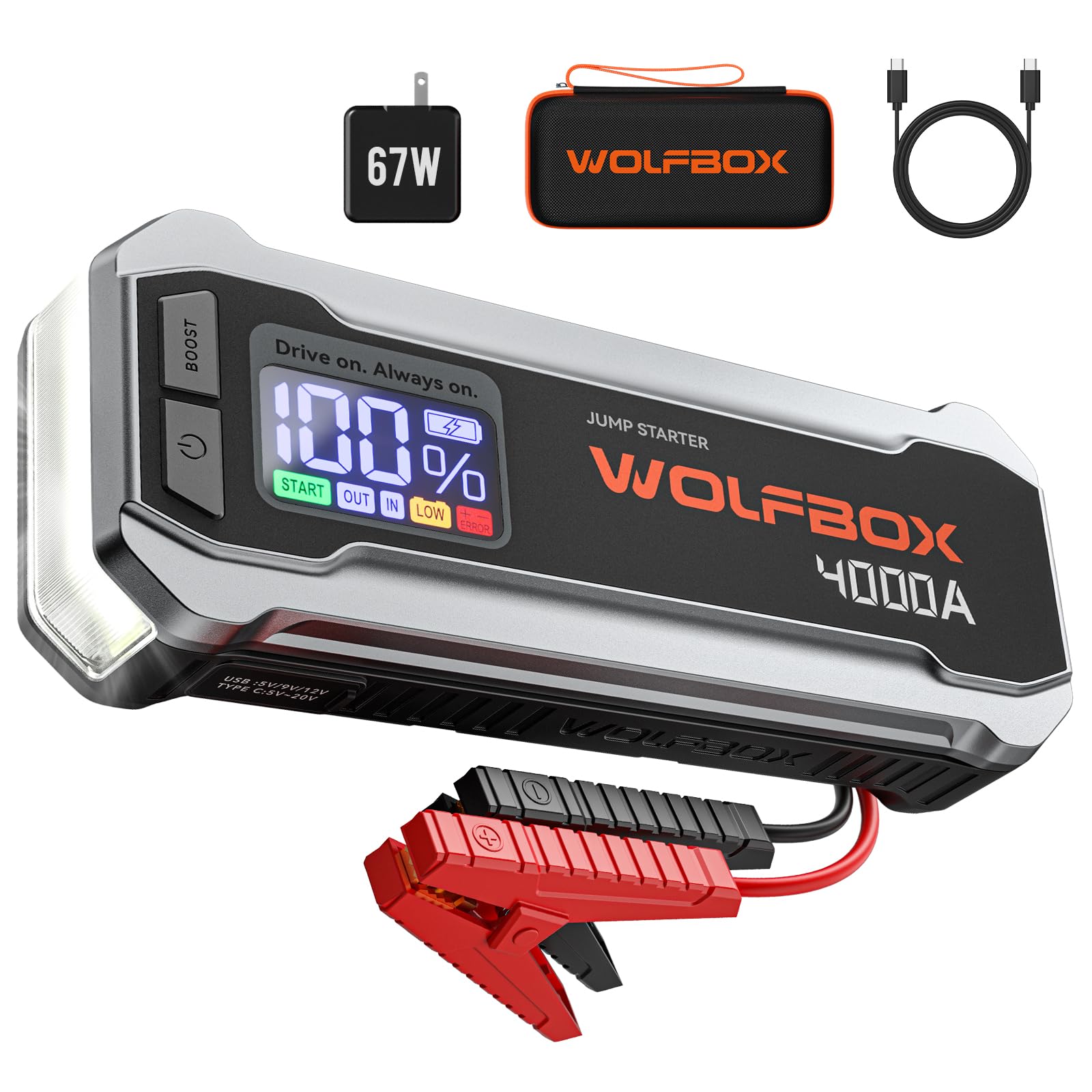 Wolfbox 4000A Jump Starter,12V Car Battery Jump Starter With 65W Quick Charger,Led Display,24000Mah Portable Jump Starter Batter