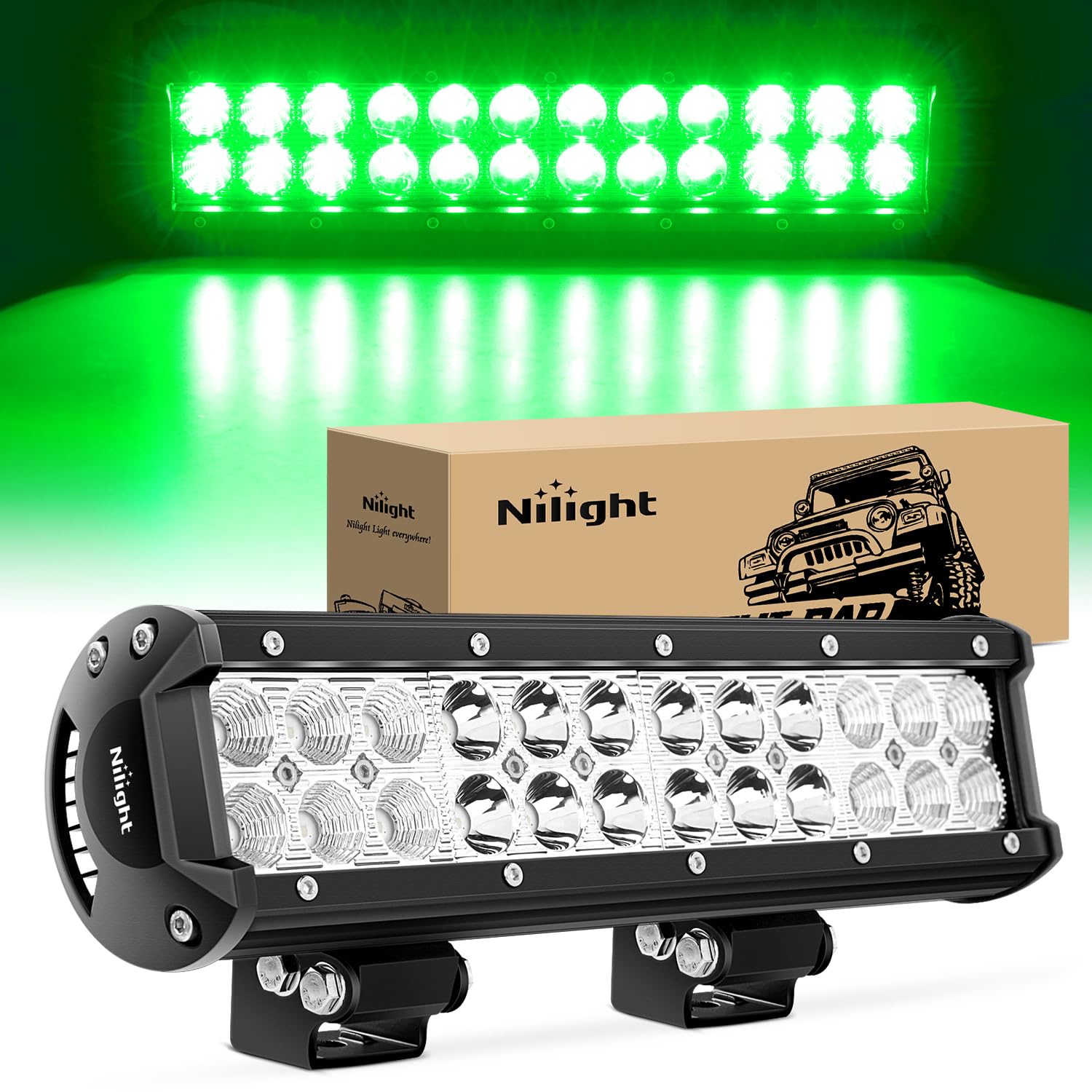 Nilight Led Light Bar 12 Inch 72W Spot Flood Combo Green Beam Off Road Lights Fishing Hunting Emergency Deck Boat Work Lighting
