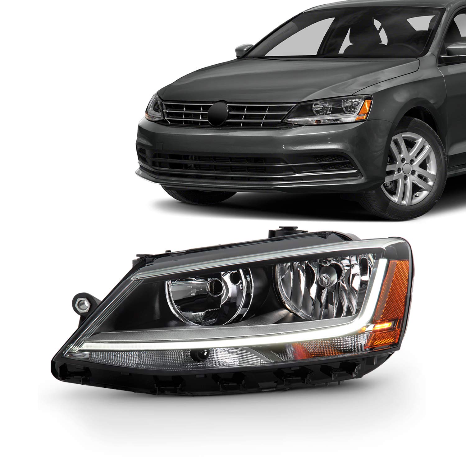 Akkon - Fits 2017-2018 Volkswagen Jetta [Halogen Type] Light Tube Chrome Headlamp W/Led Drl Model Headlight Passenger Right