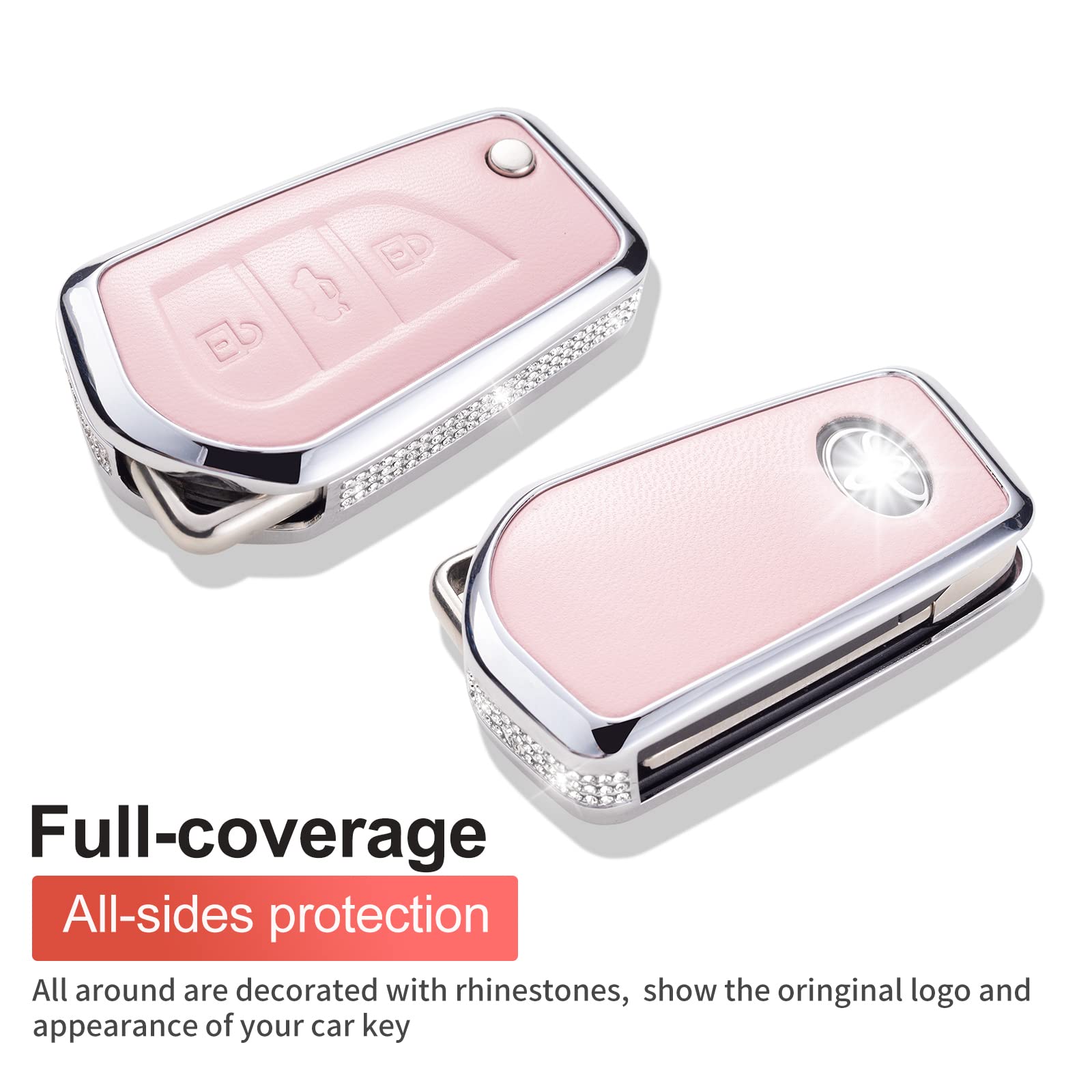 Ruabiban Compatible With Toyota Key Fob Cover With Keychain, Pink Genuine Leather Crystal Key Case Protection Shell For Fortuner