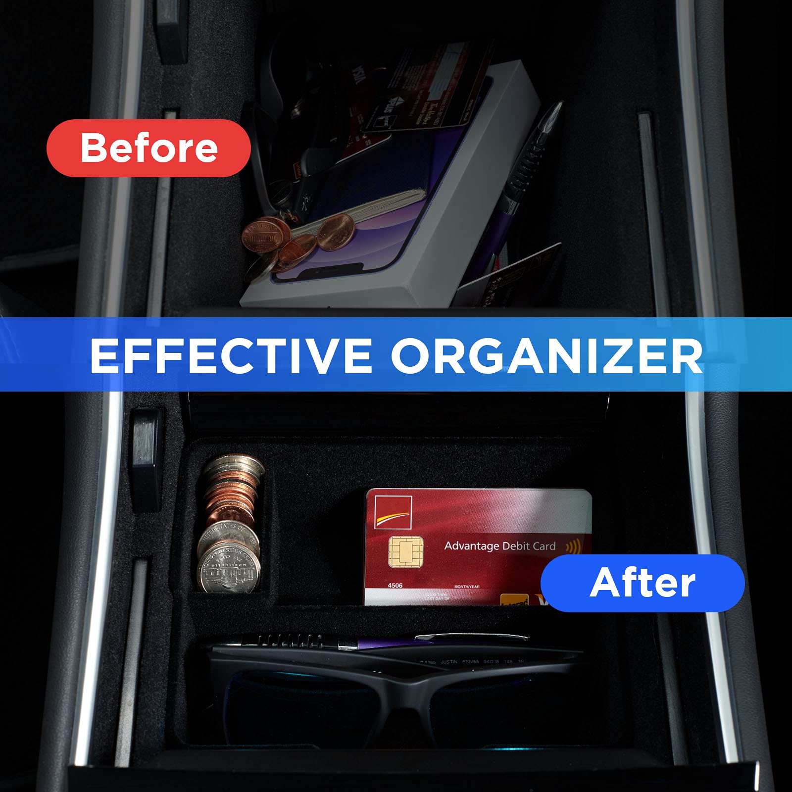 Nestour 2016-2020 Tesla Model 3 Model Y Center Console Organizer Tray Accessories, Upgrade Customized Storage Box, Premium Abs And Flocking Material With Sunglasses And Coin Holder