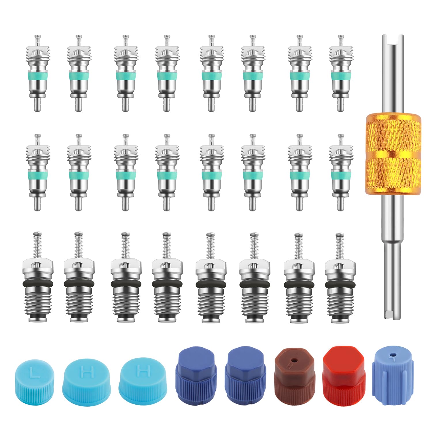 YGDMD 33PCS Car AC Valve Core Kit,Car Air Conditioner Valve Stem Core Set to Restore Cooling with High & Low Pressure A/C Caps/R