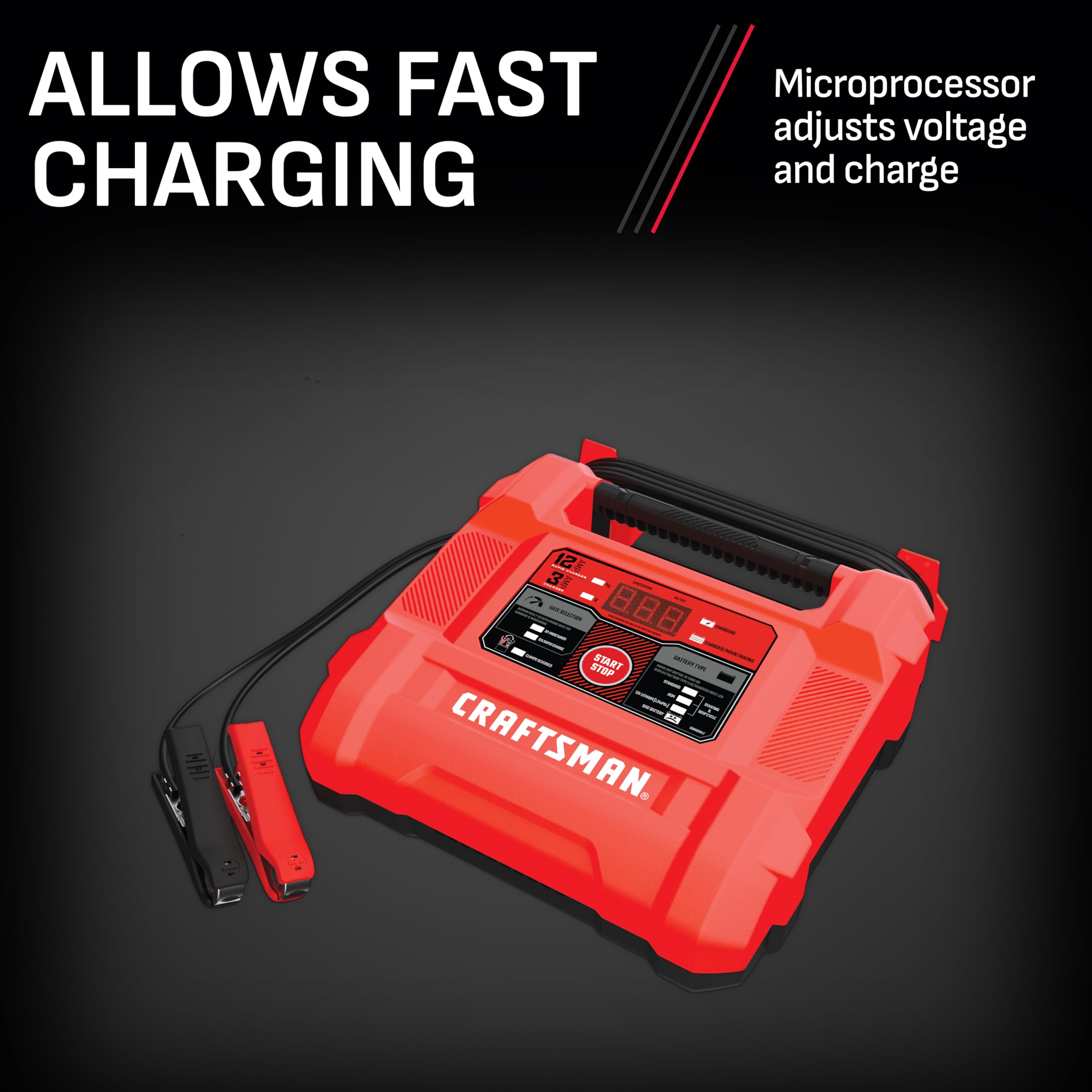 CRAFTSMAN Battery Charger and Maintainer, CMXCESM258, 4-in-1, Fully Automatic, Battery Tester, 12 Amps, 6 Volt, 12 Volt, for Car