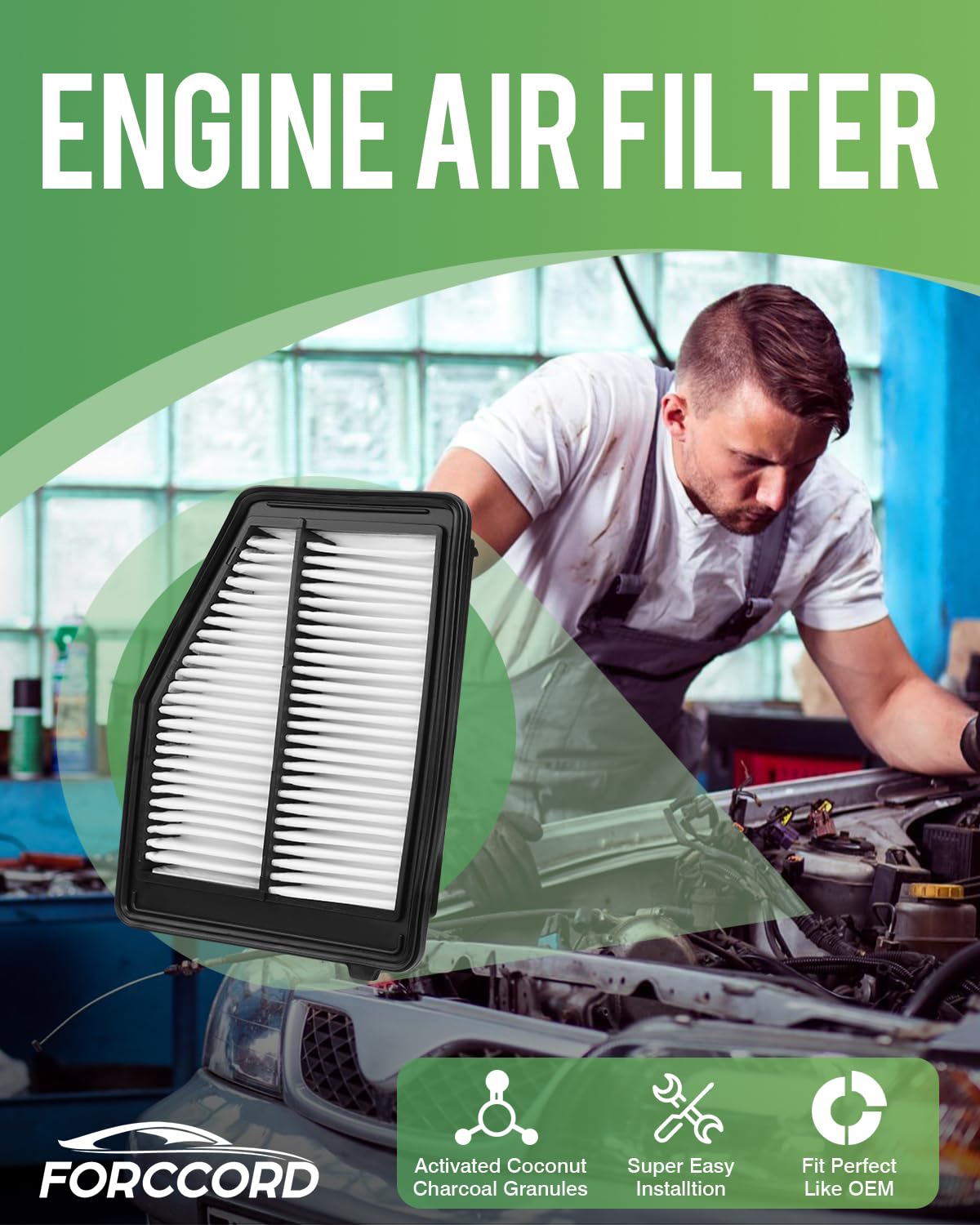 Forccord 2-Pack Engine Air Filter Fits for Honda Civic 1.8L 2012 2013 2014 2015, Acura ILX Base 2.0L 2013 2014 2015 Air Filter R