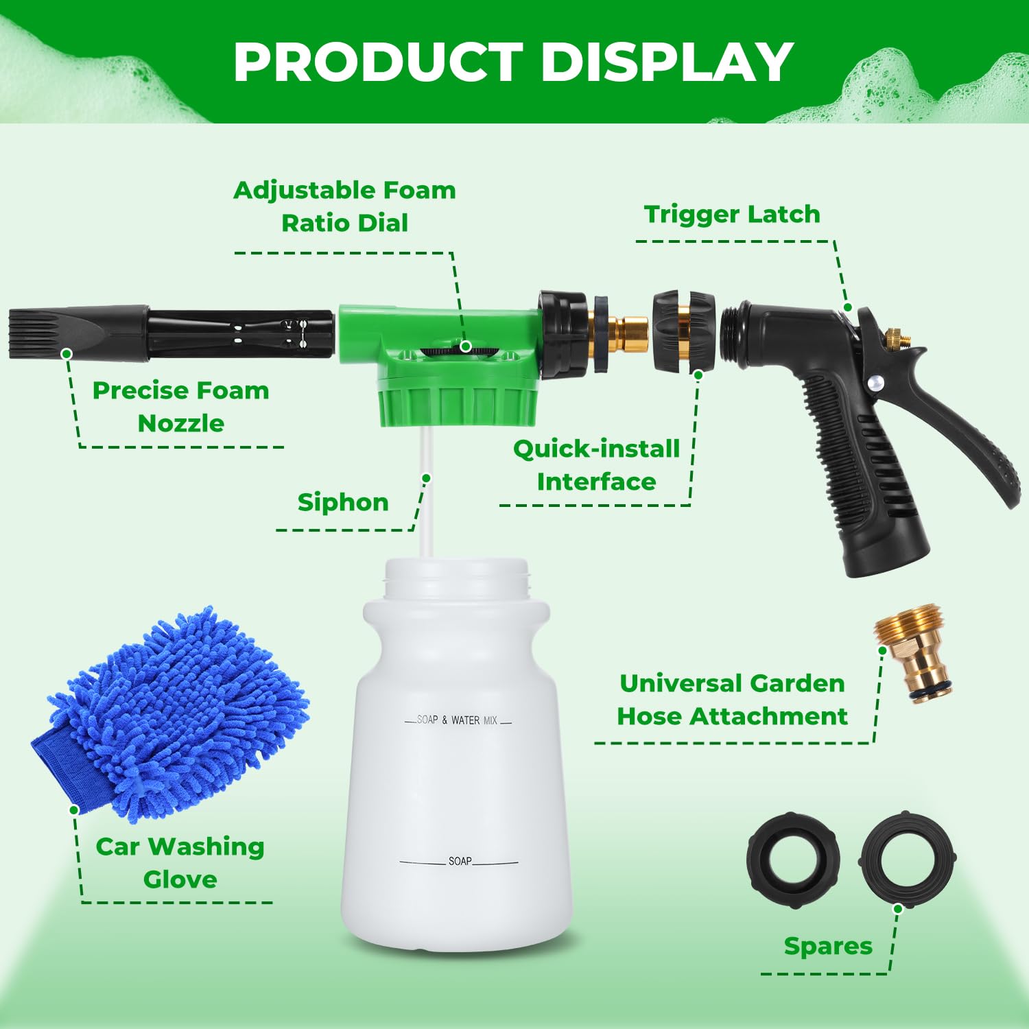 Ohuhu Car Wash Foam Gun, Car Wash Soap Sprayer With 3/8 Brass Connector & Car Washing Mitts, Dual Filtration, 6 Levels Of Foam Concentration, Quick Connect To Most Garden Hose (Green)