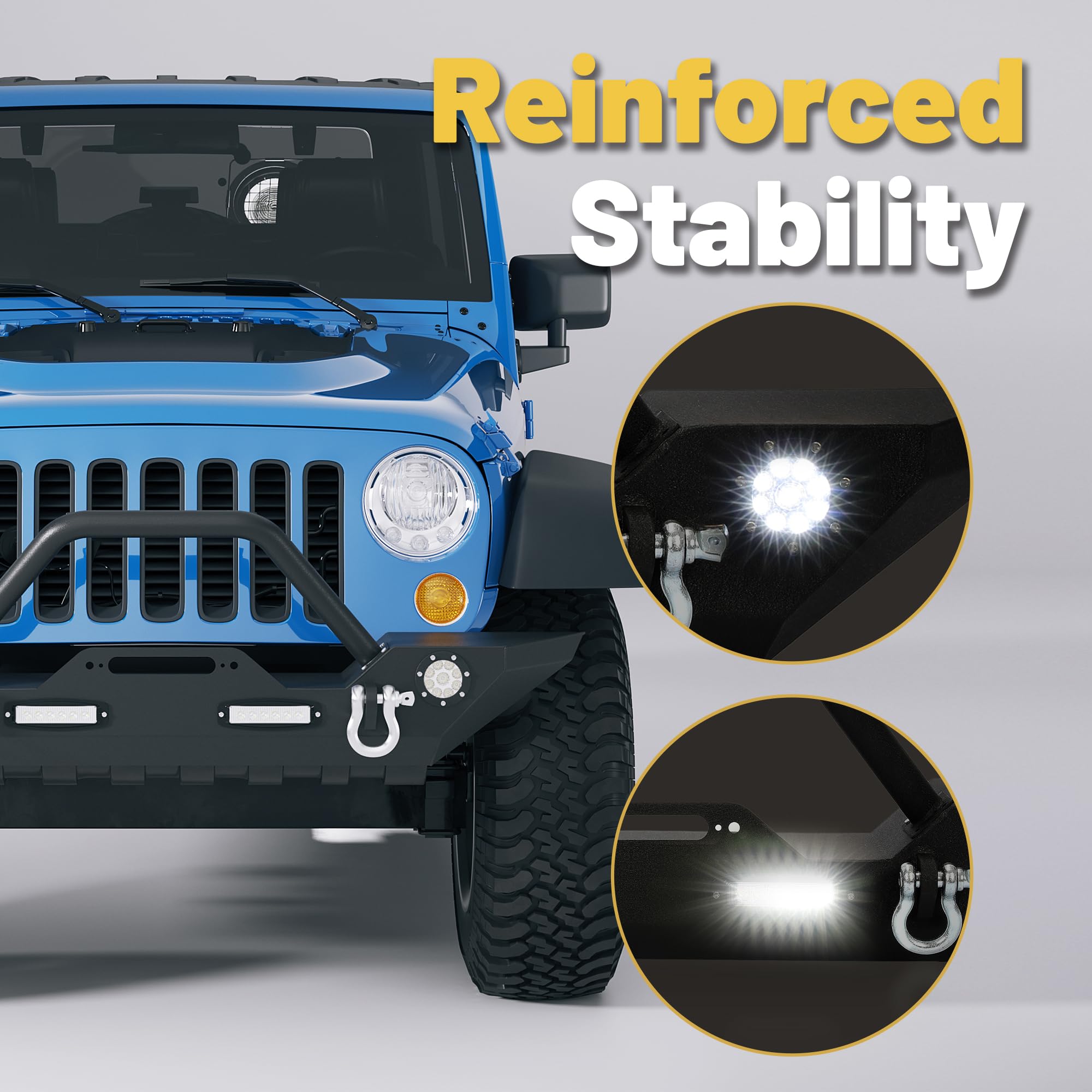 ECOTRIC Front Bumper Compatible with 2007-2022 Jeep Wrangler JK/JKU JL/JLU Gladiator JT With Winch Plate, LED Lights and D-rings