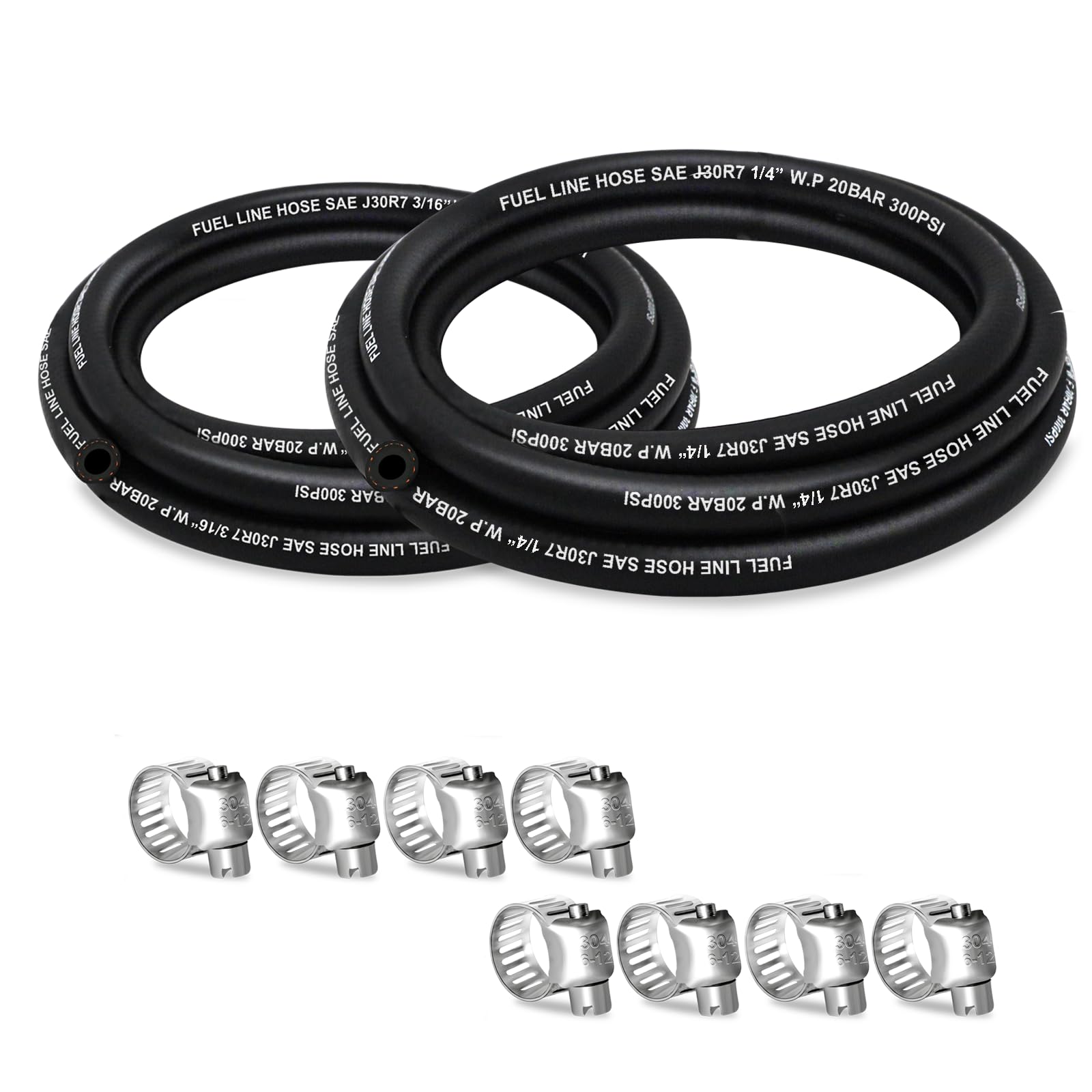 Housun Fuel Line 3/16 1/4 Inch Id, Fuel Hose 5Ft 300Psi High-Pressure With 8 Clamps., J30R7 Fuel Line Hose Nbr.