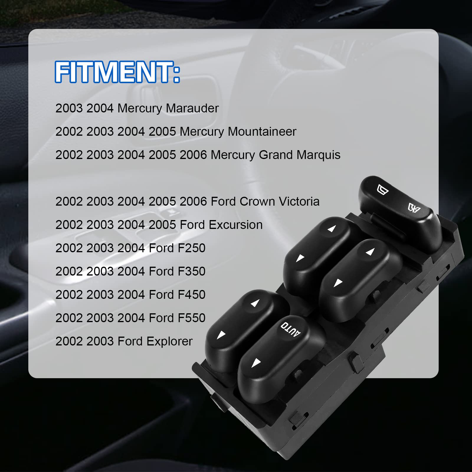 Driver Side Master Power Window Switch Replacement For Ford F250 F350 F450 F550 2002, 2003, 2004, Ford Explorer 2002, 2003, Ford Excursion & Mercury Mountaineer 2002-2005, Replace Oe 1L2Z14529Ba