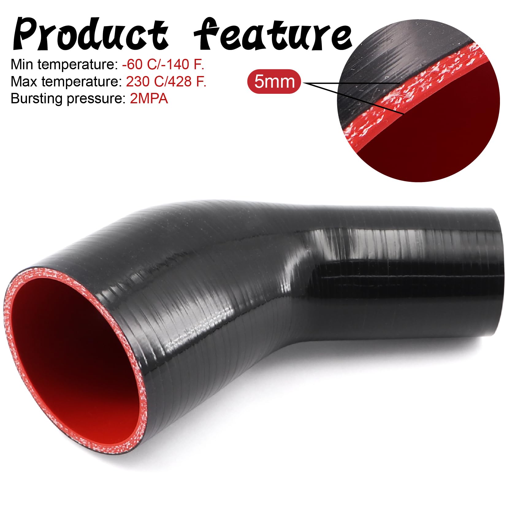 TuoLauthon 45 Degree 2 to 3 Inch(51-76mm) Silicone Reducer Coupler Hose,4-Ply Reinforced,Length 4Inch(102mm) with 2Pcs T-Bolt Cl