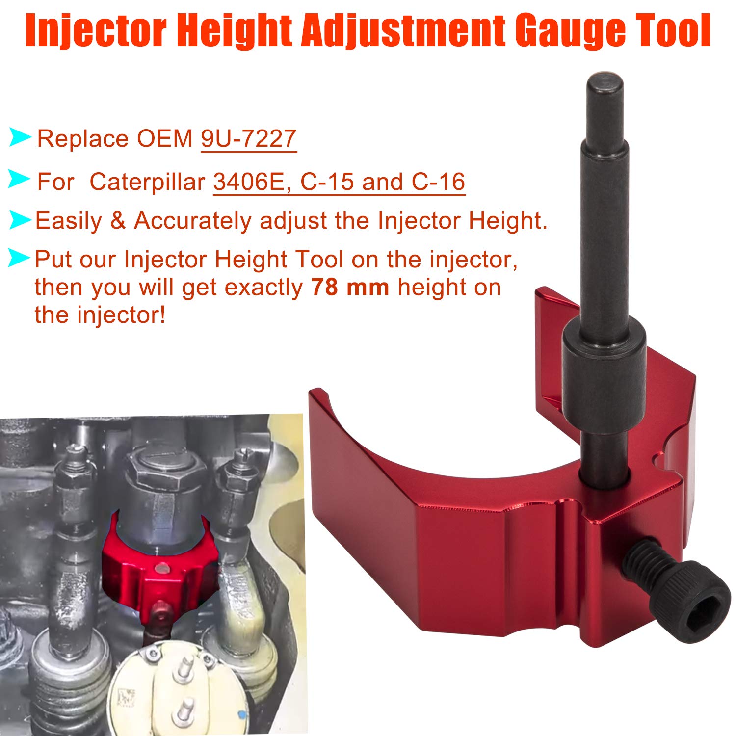 9U-7227 Injector Height Adjustment Gauge Tool & J-38587-A Engine Barring Socket Engine Turning Tool For CAT Caterpillar 3406E, C