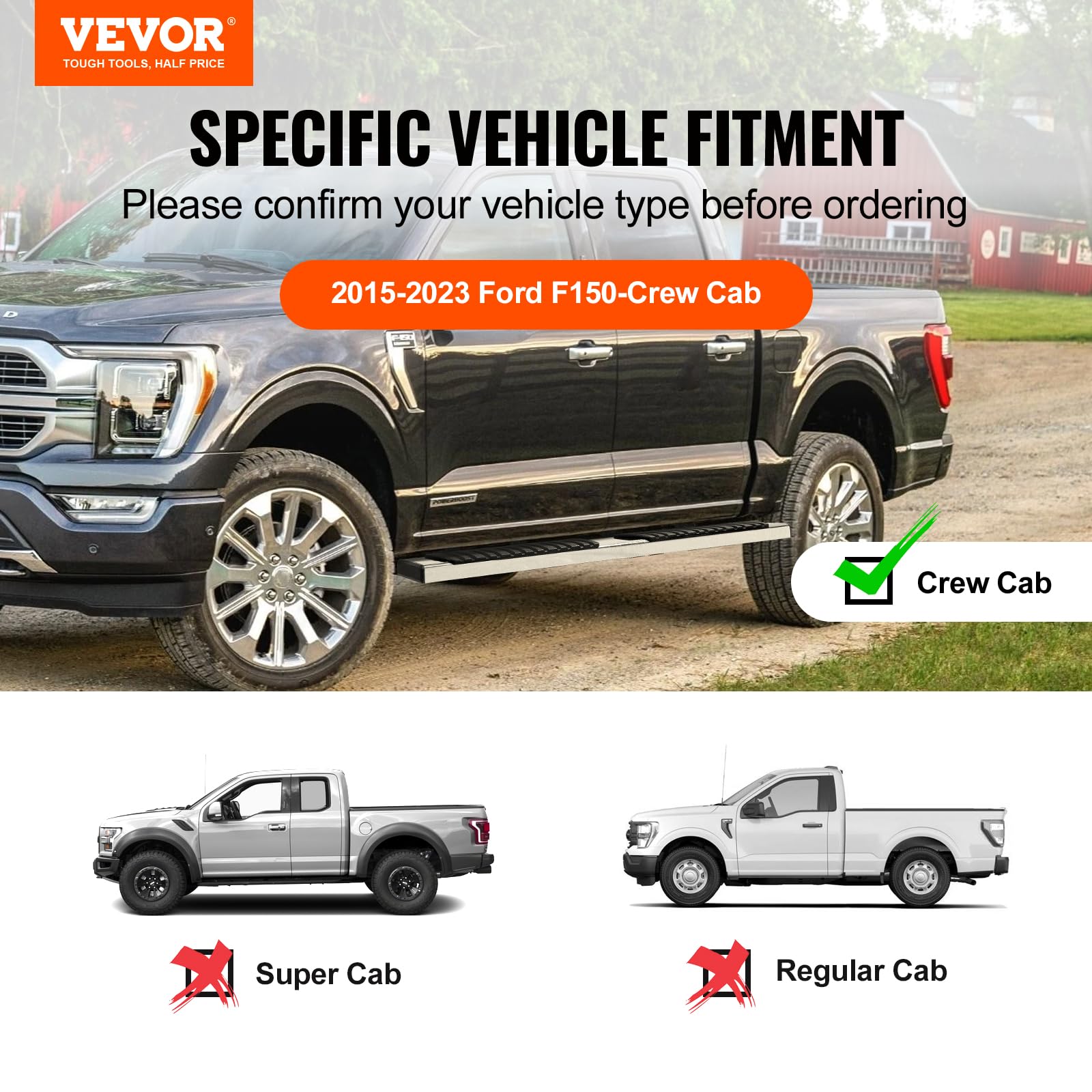 Vevor Running Boards, 6' Step Bars Compatible With 2015-2023 Ford F150-Crew Cab/2017-2023 Ford F-250 F-350 Super Duty Crew Cab, 201 Stainless Steel Side Steps Nerf Bars, 500Lbs Capacity, 2 Piece